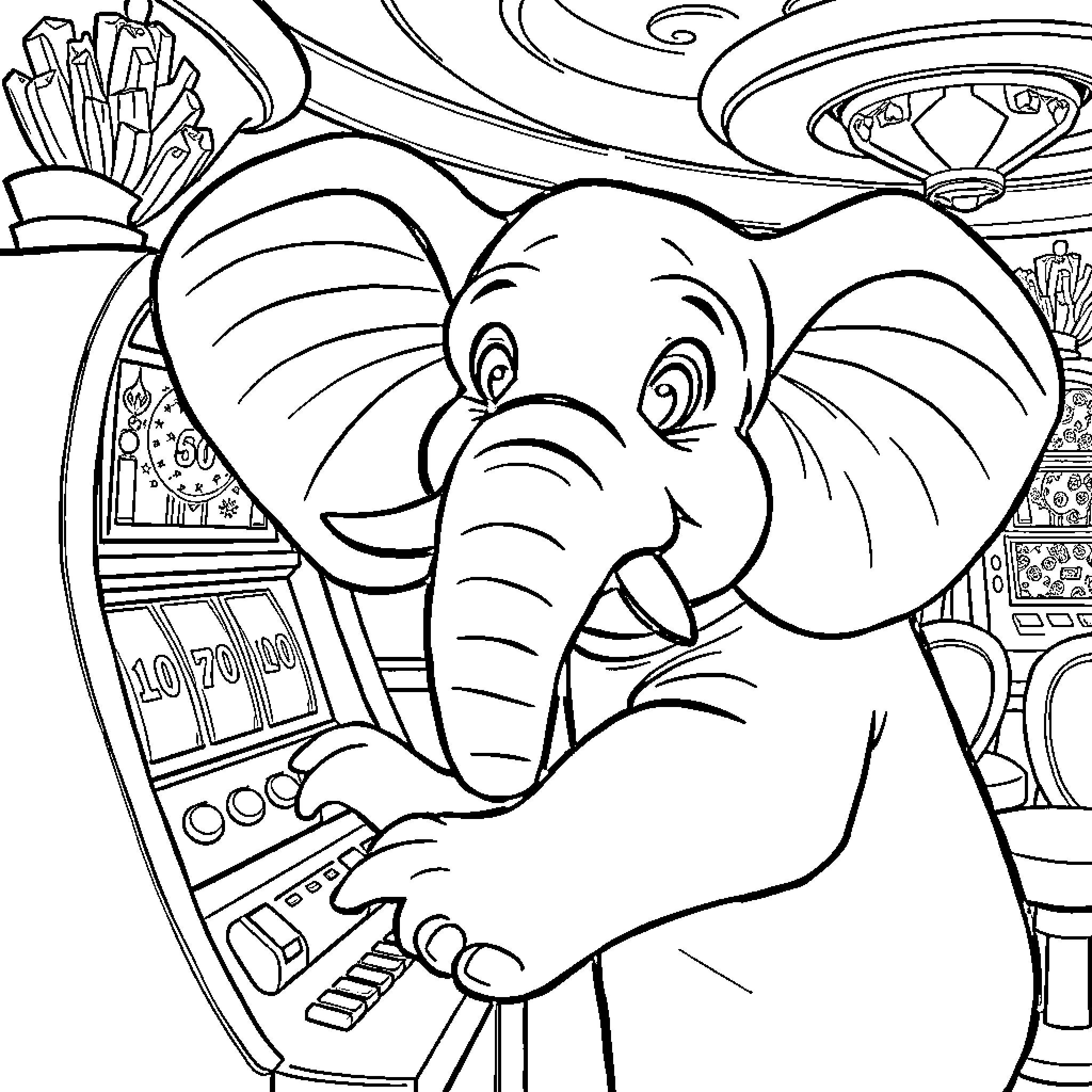 Elephant playing slot machine in casino Coloring Page (free black-and-white line drawing printable PDF for all, from beginners to advanced learners, including children, teens, adults, and seniors)