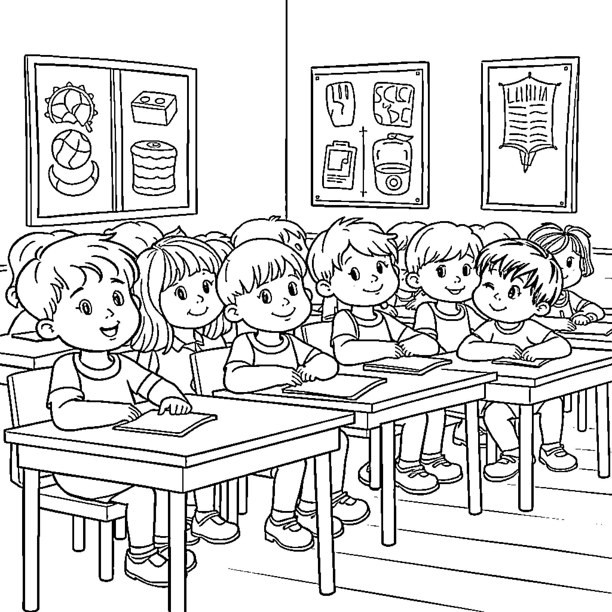 Class of Students Studying Diligently Coloring Page (free black-and-white line drawing printable PDF for all, from beginners to advanced learners, including children, teens, adults, and seniors)