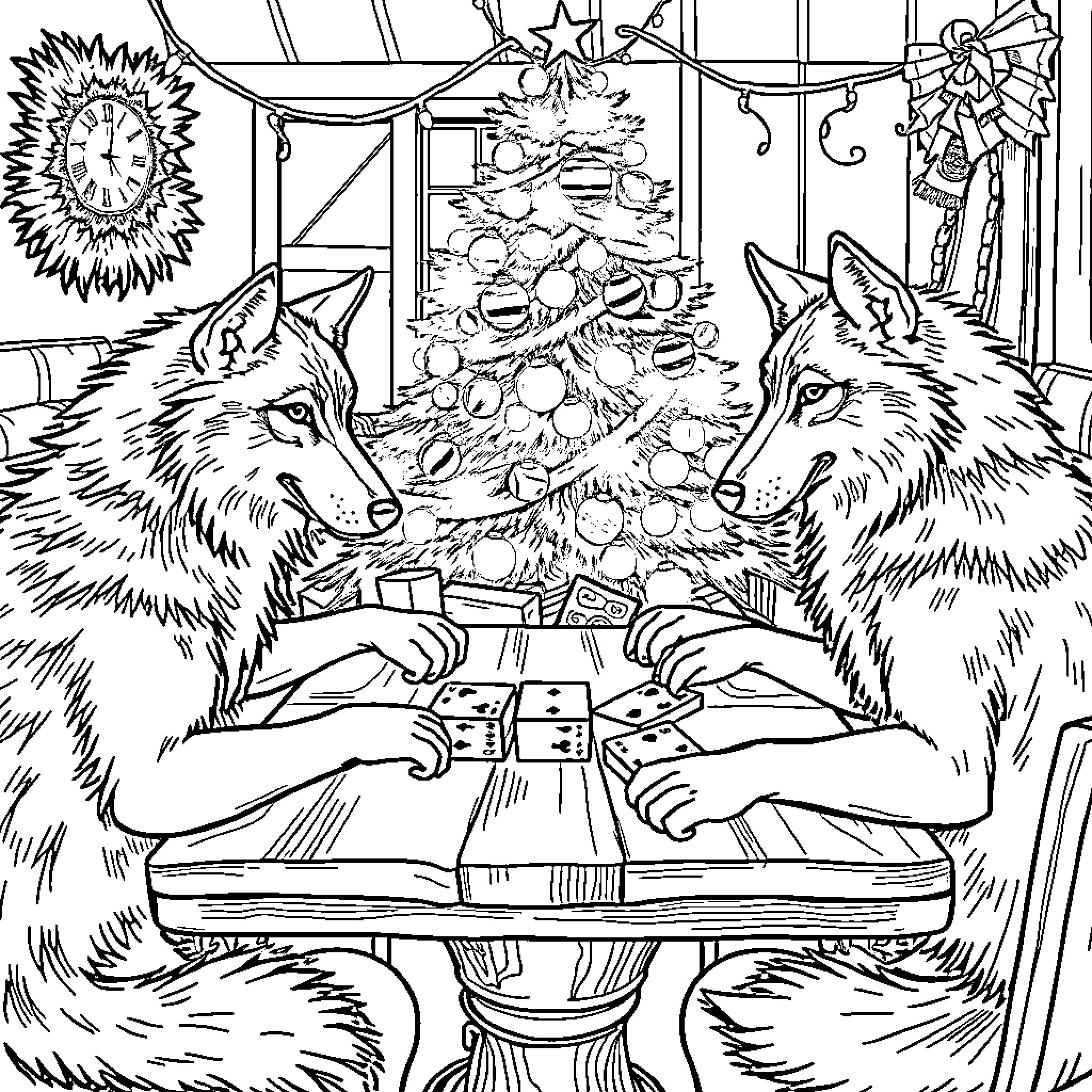 Wolf Playing Games by the Christmas Tree Coloring Page (free black-and-white line drawing printable PDF for all, from beginners to advanced learners, including children, teens, adults, and seniors)