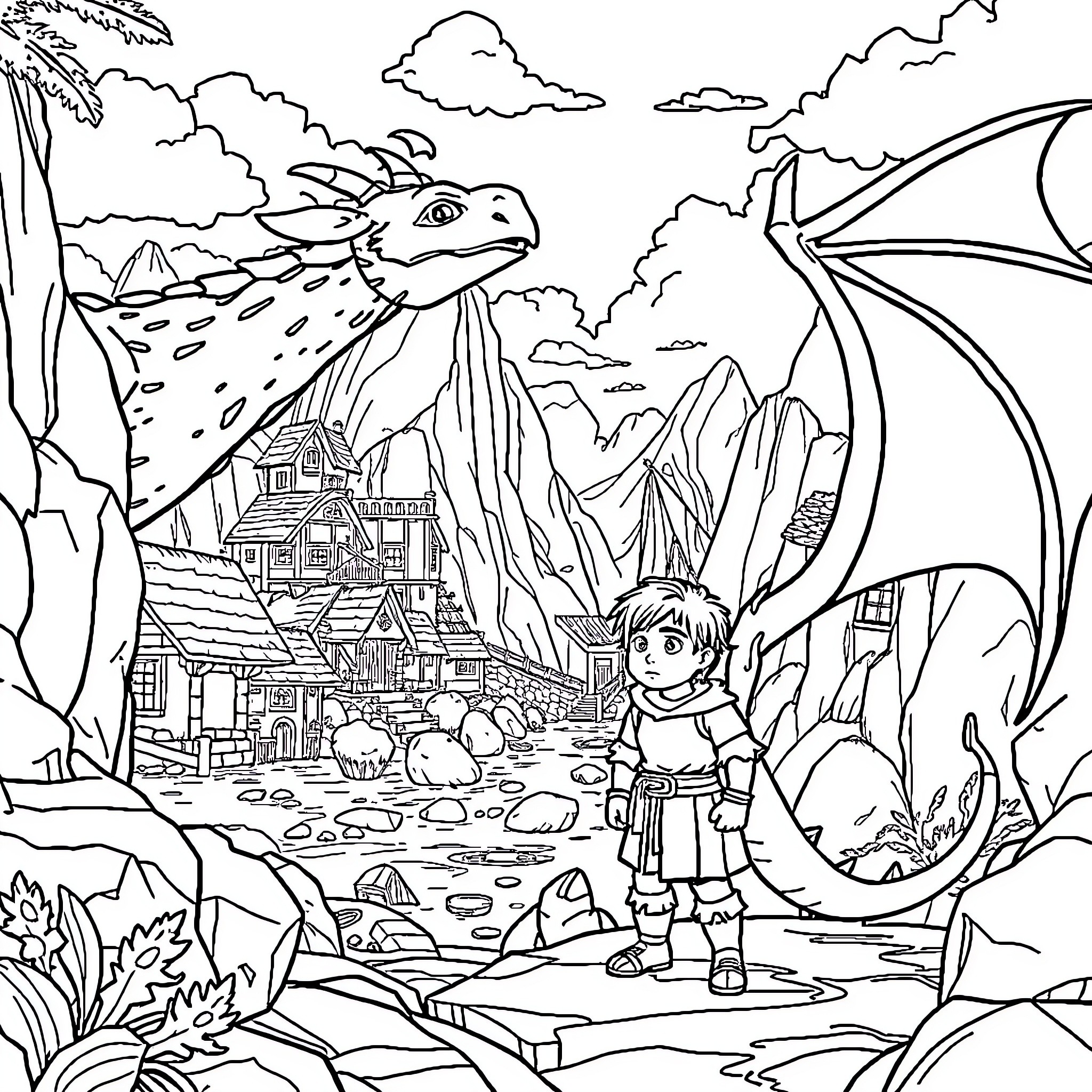 Dragon soaring over a medieval fantasy village Coloring Page (free black-and-white line drawing printable PDF for all, from beginners to advanced learners, including children, teens, adults, and seniors)