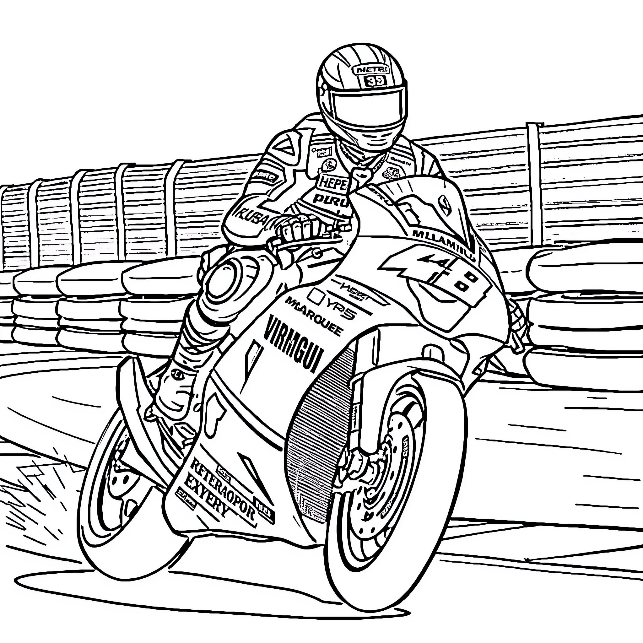 Marc Marquez riding high-speed motorcycle on race track Coloring Page (free black-and-white line drawing printable PDF for all, from beginners to advanced learners, including children, teens, adults, and seniors)