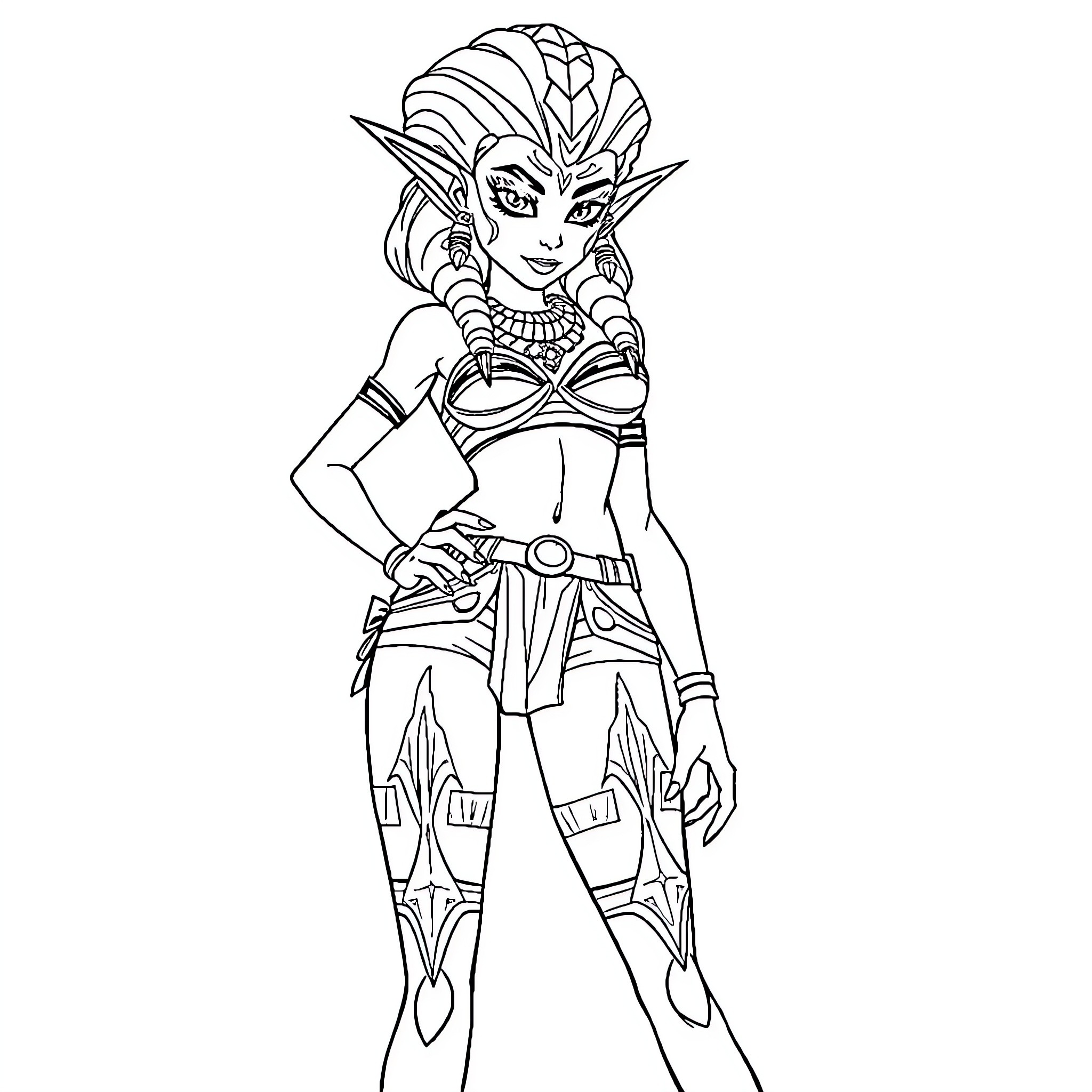 Ashoka the Warrior Princess in Action-Packed Attire Coloring Page (free black-and-white line drawing printable PDF for all, from beginners to advanced learners, including children, teens, adults, and seniors)