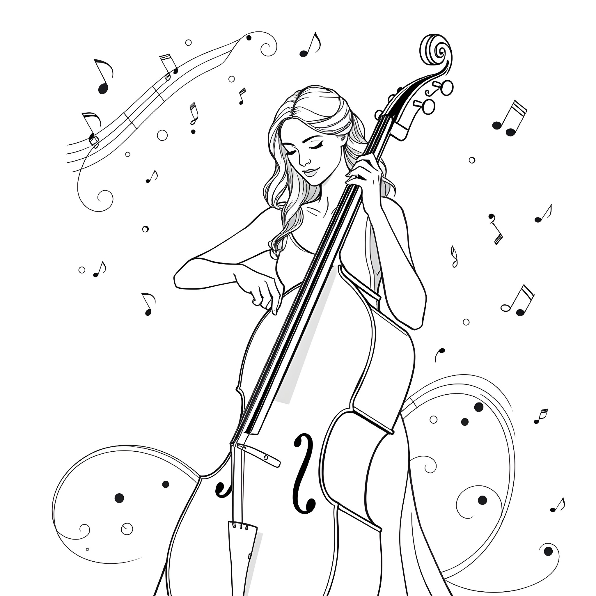 Woman playing cello amidst musical notes Coloring Page (free black-and-white line drawing printable PDF for all, from beginners to advanced learners, including children, teens, adults, and seniors)