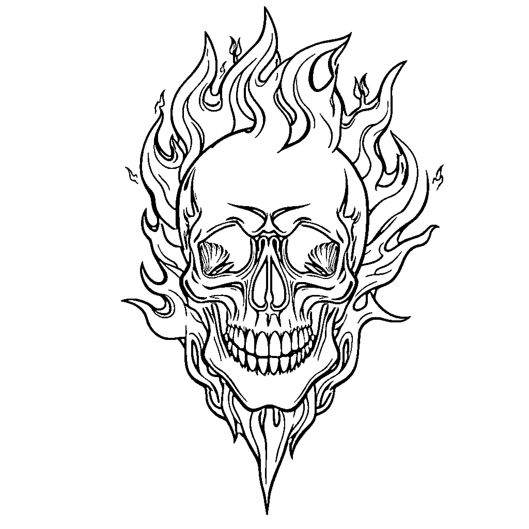 Skull in Fiery Flames Coloring Page (free black-and-white line drawing printable PDF for all, from beginners to advanced learners, including children, teens, adults, and seniors)