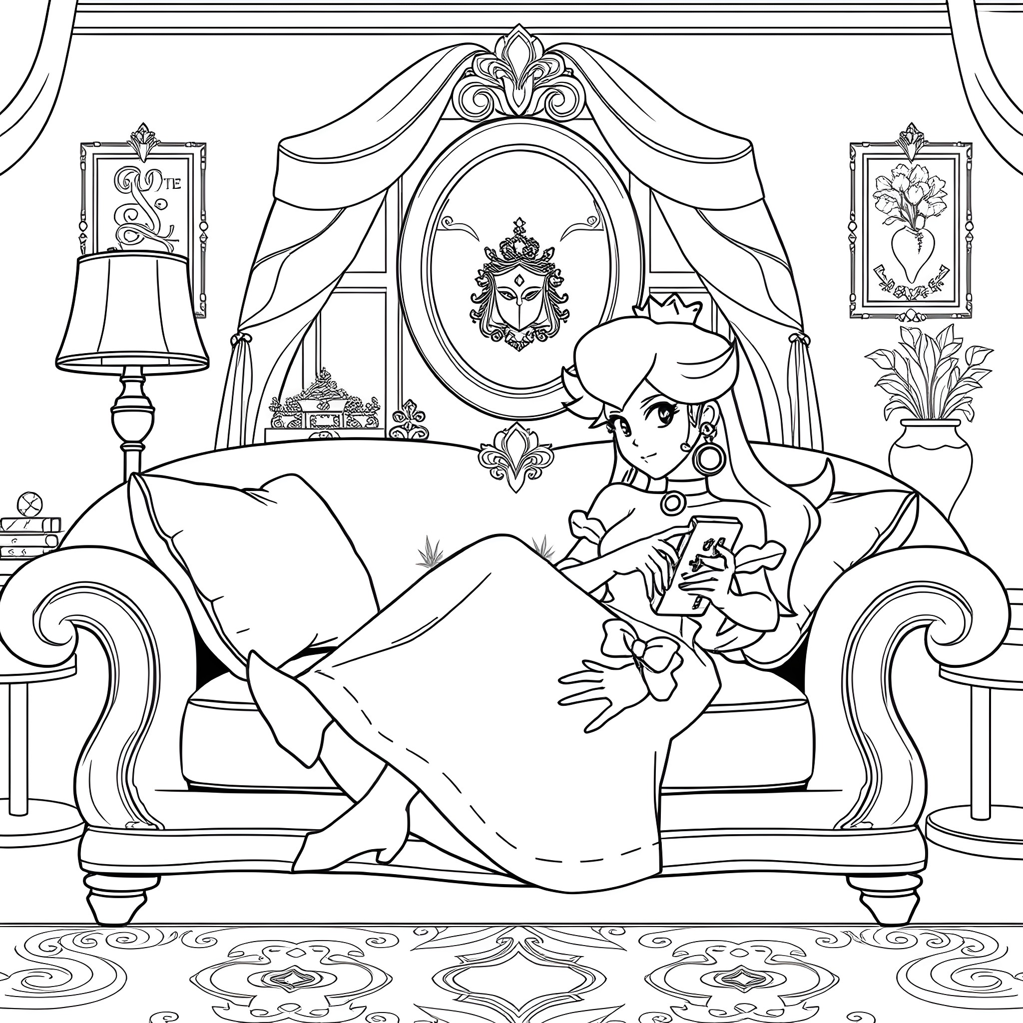 Princess Peach enjoying a relaxing moment in her royal chamber Coloring Page (free black-and-white line drawing printable PDF for all, from beginners to advanced learners, including children, teens, adults, and seniors)