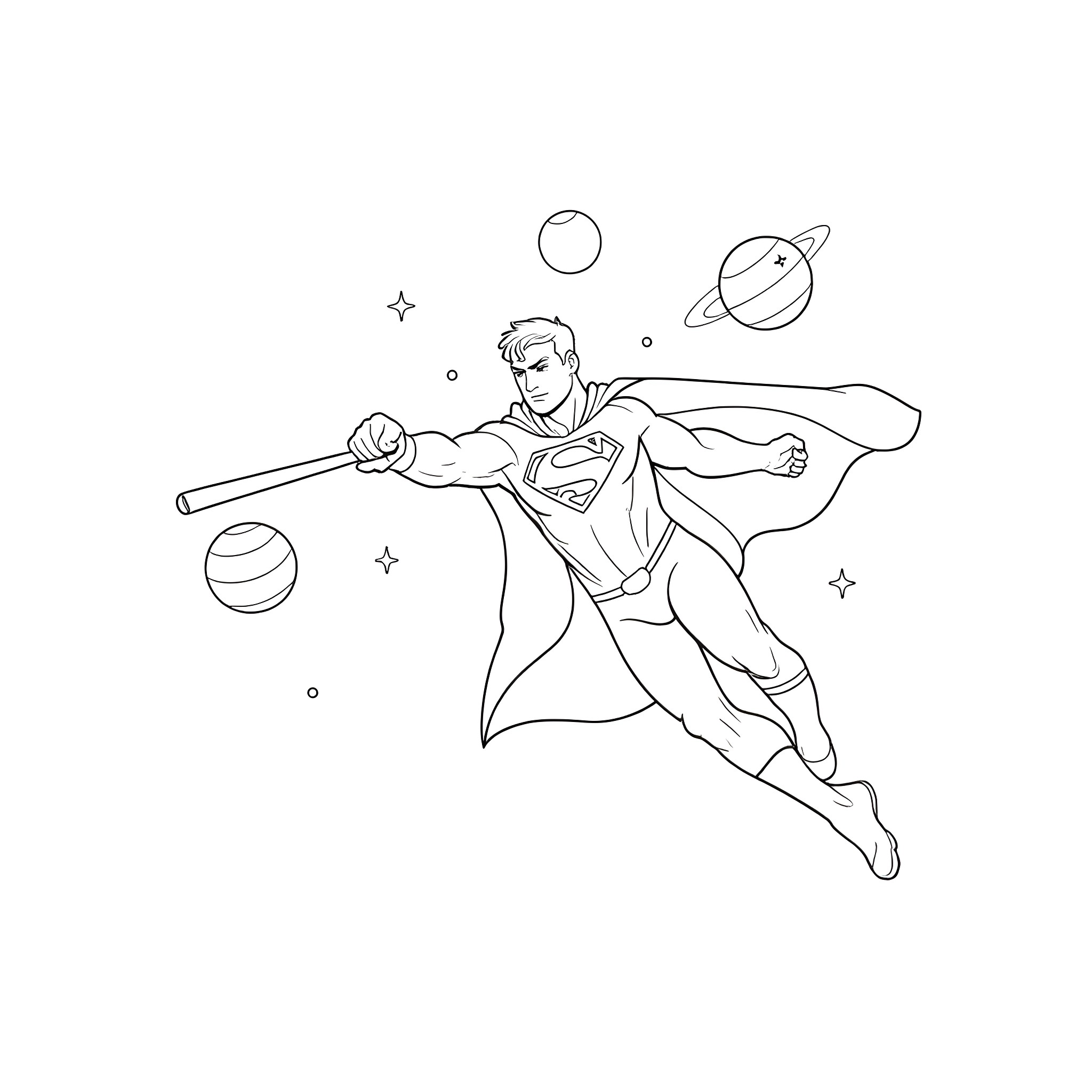Superman Soaring Through the Cosmic Realm Coloring Page (free black-and-white line drawing printable PDF for all, from beginners to advanced learners, including children, teens, adults, and seniors)