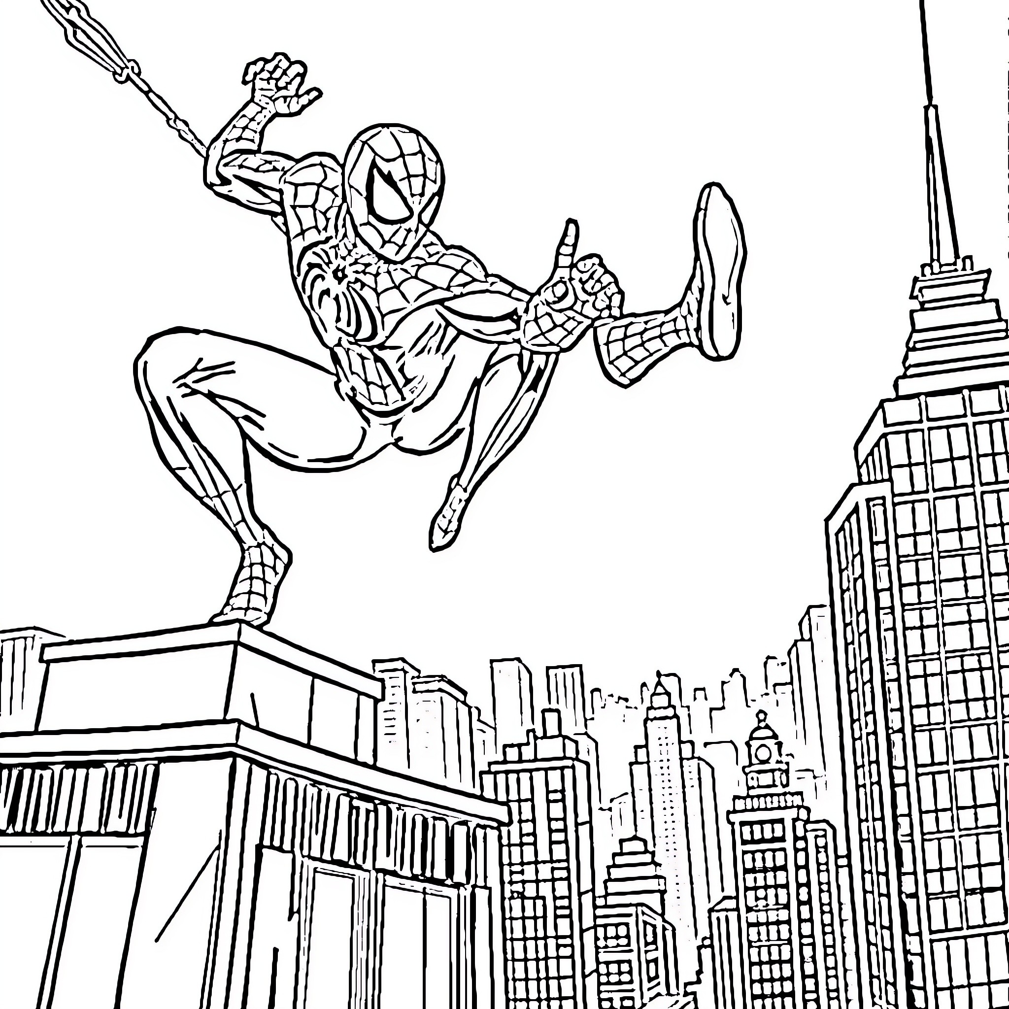 Spider-Man swinging through the city skyline Coloring Page (free black-and-white line drawing printable PDF for all, from beginners to advanced learners, including children, teens, adults, and seniors)