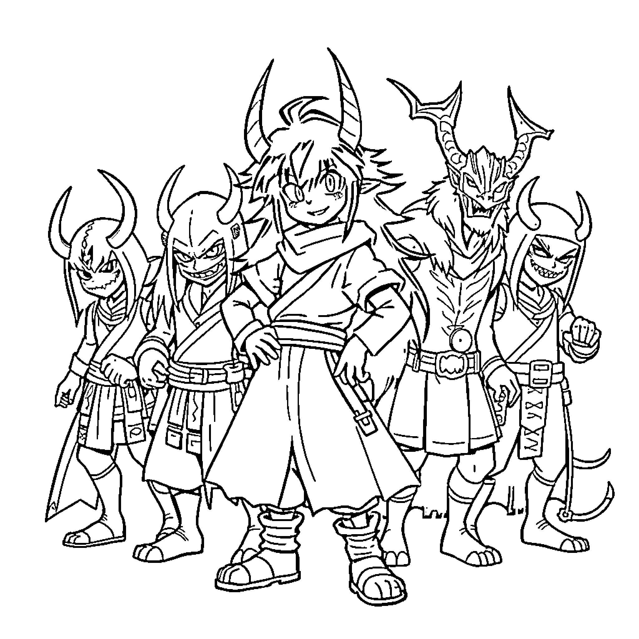 Kuromi and her mischievous demon companions Coloring Page (free black-and-white line drawing printable PDF for all, from beginners to advanced learners, including children, teens, adults, and seniors)