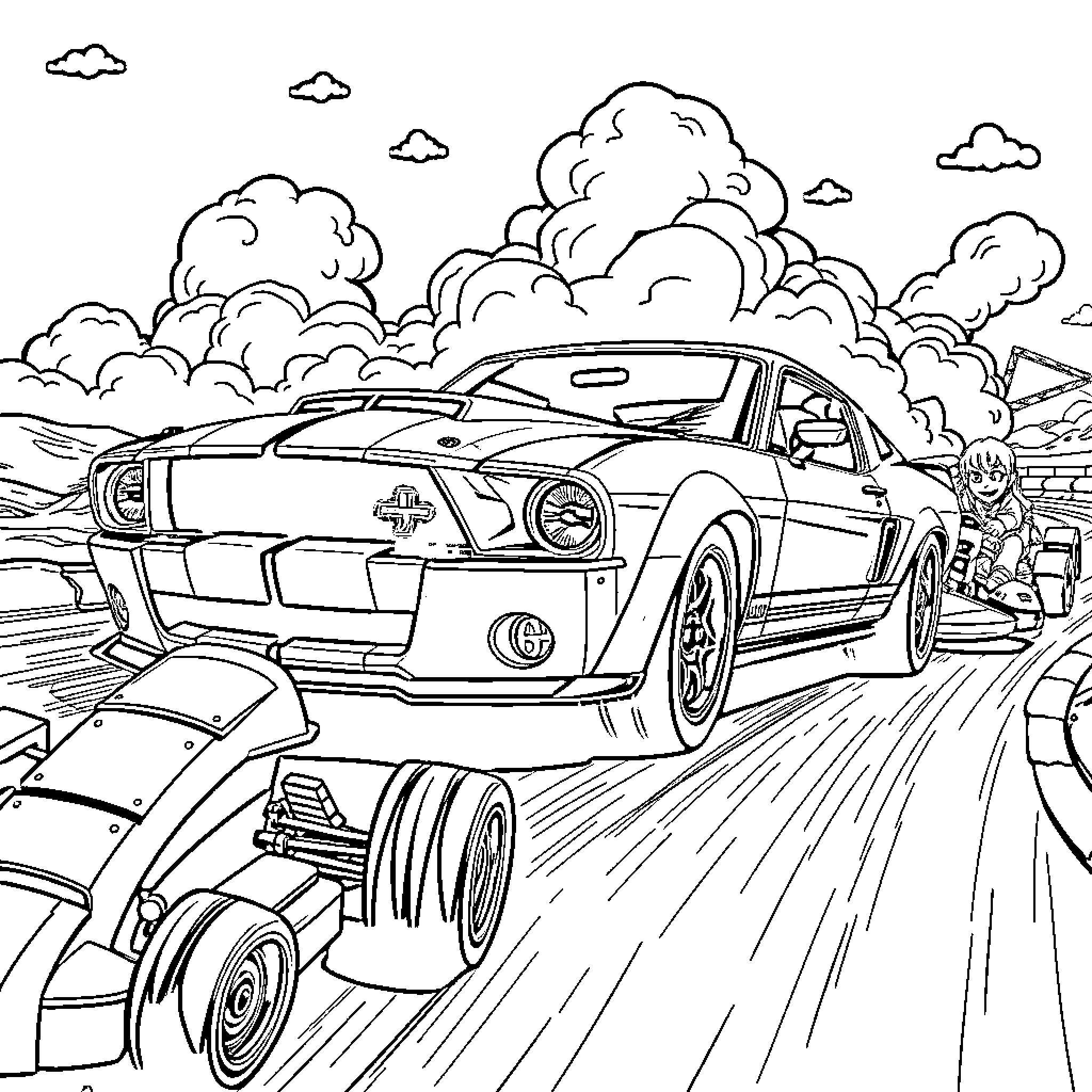 Shelby GT500 racing through a dramatic landscape Coloring Page (free black-and-white line drawing printable PDF for all, from beginners to advanced learners, including children, teens, adults, and seniors)