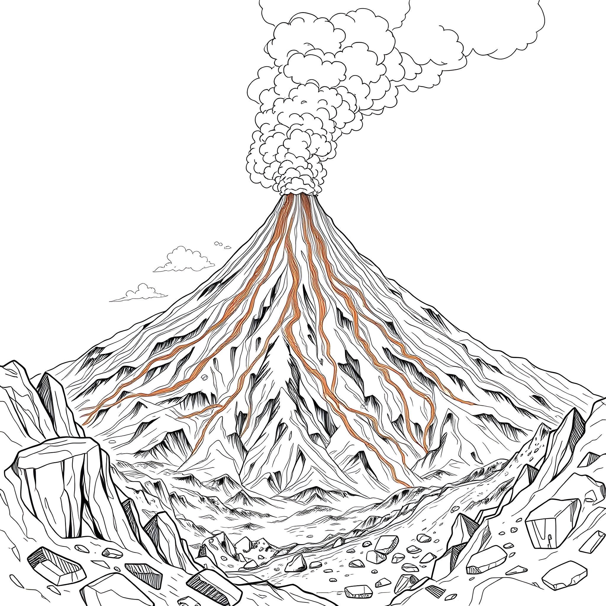Volcano erupting with smoke and lava Coloring Page (free black-and-white line drawing printable PDF for all, from beginners to advanced learners, including children, teens, adults, and seniors)
