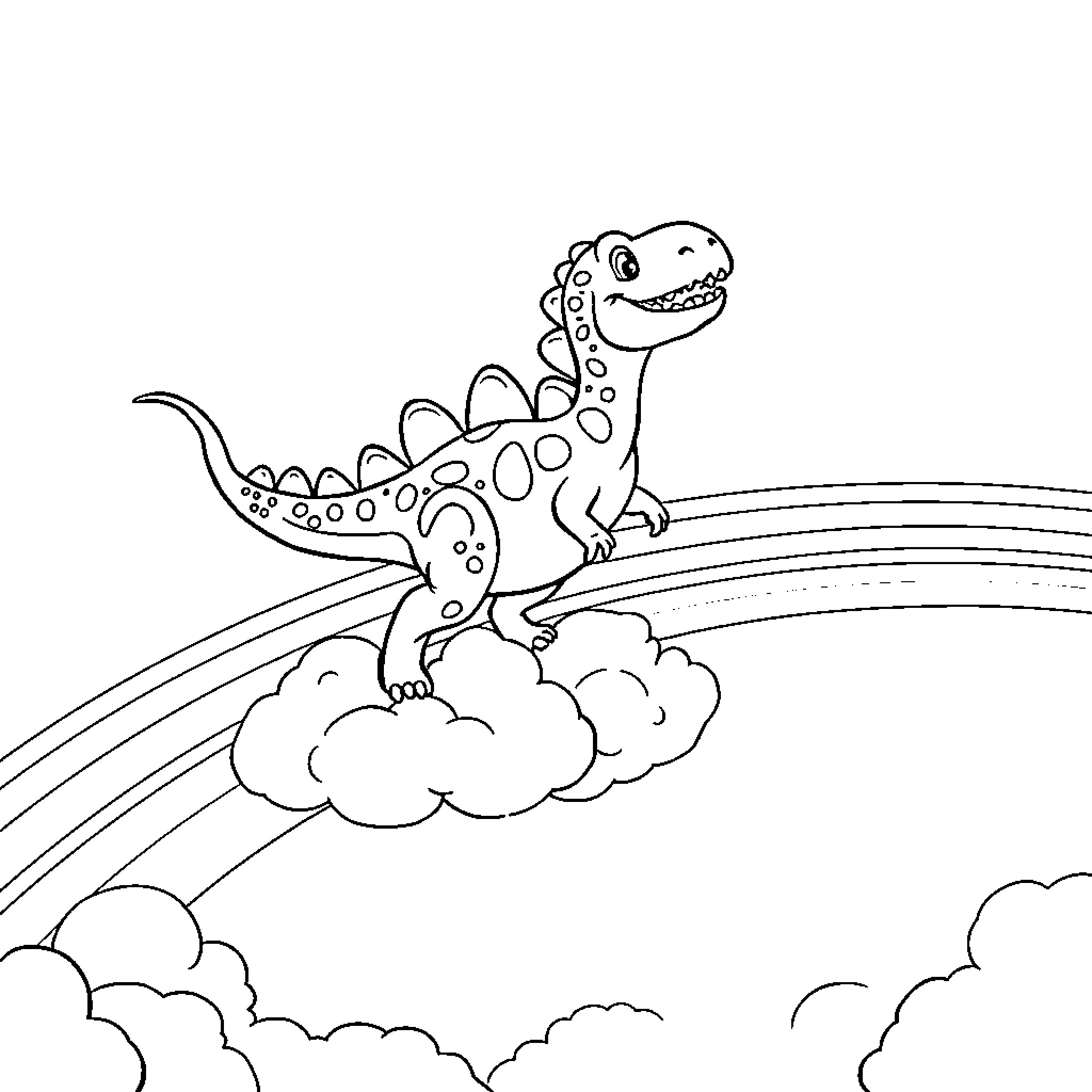 Dinosaur playing on cloud with rainbow Coloring Page (free black-and-white line drawing printable PDF for all, from beginners to advanced learners, including children, teens, adults, and seniors)