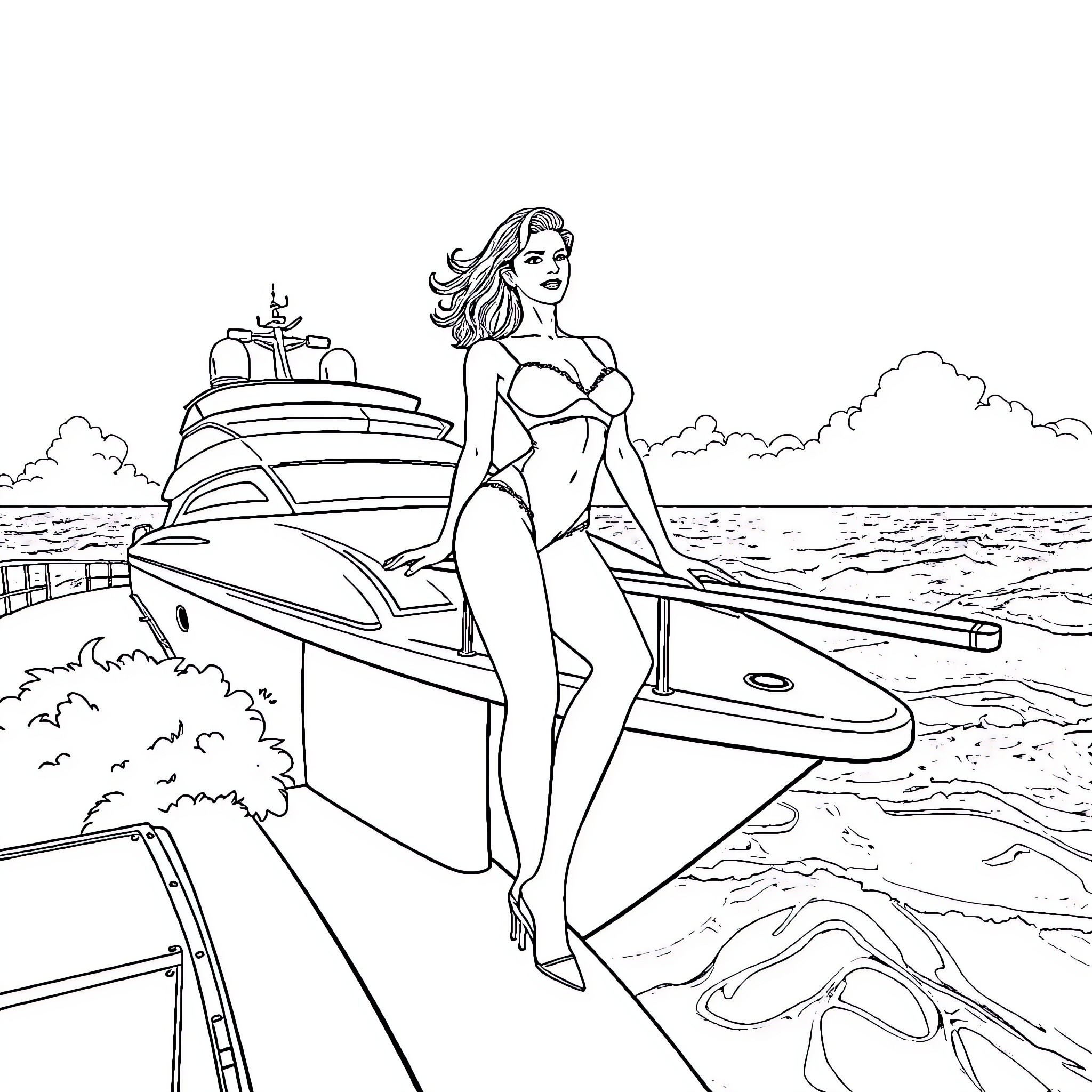 Model posing on a luxury yacht Coloring Page (free black-and-white line drawing printable PDF for all, from beginners to advanced learners, including children, teens, adults, and seniors)