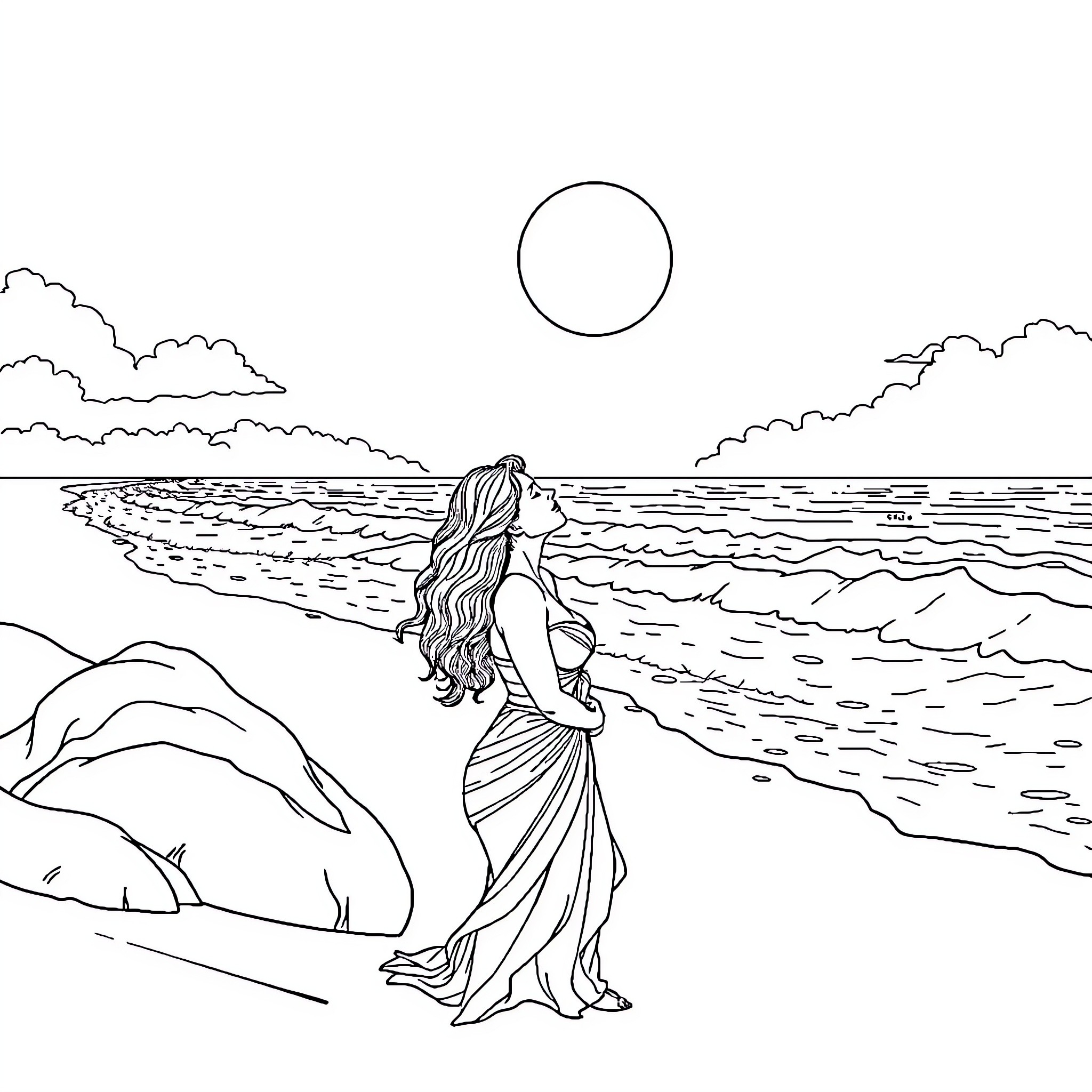 Man admiring the serene ocean view Coloring Page (free black-and-white line drawing printable PDF for all, from beginners to advanced learners, including children, teens, adults, and seniors)