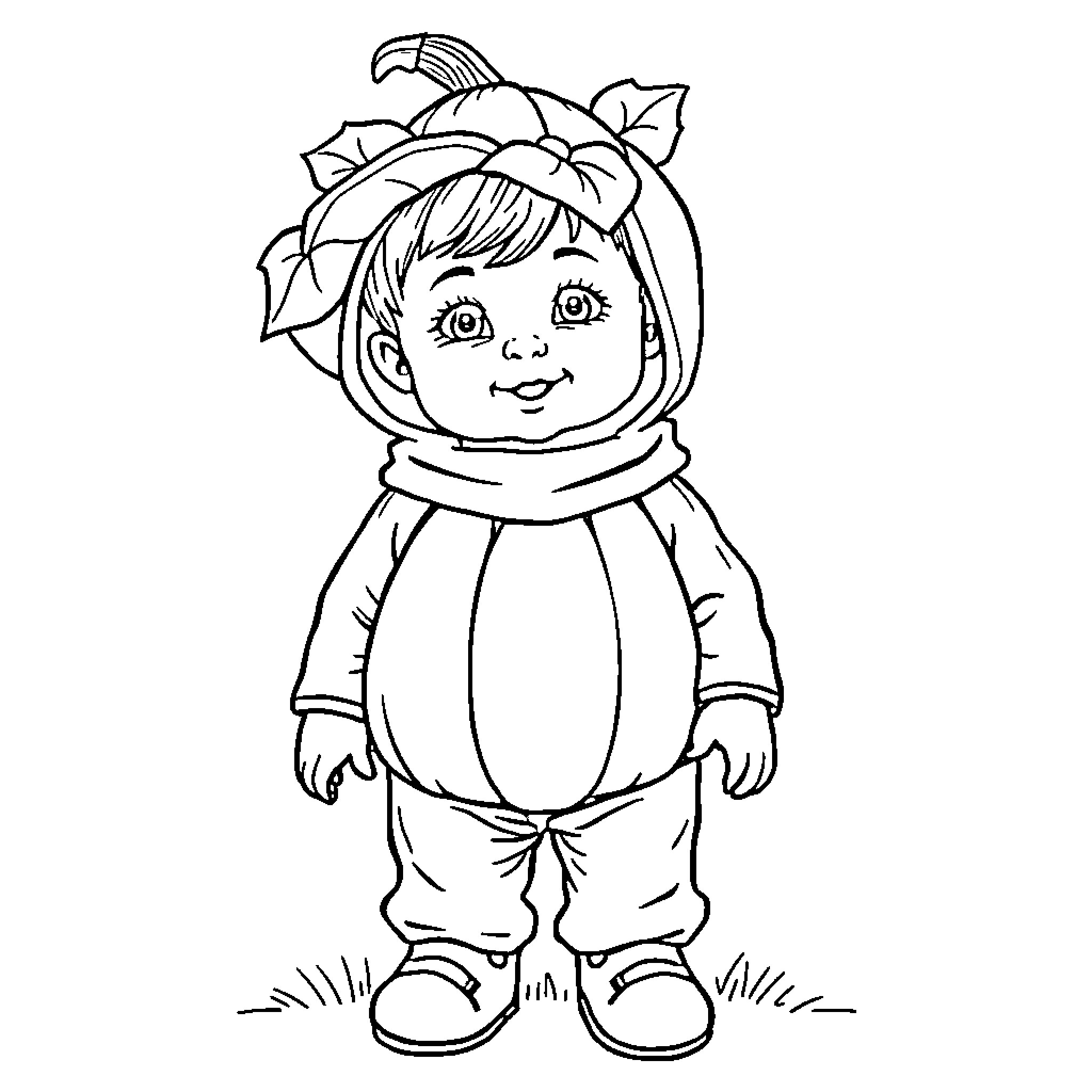 Pumpkin-themed costume for a child Coloring Page (free black-and-white line drawing printable PDF for all, from beginners to advanced learners, including children, teens, adults, and seniors)
