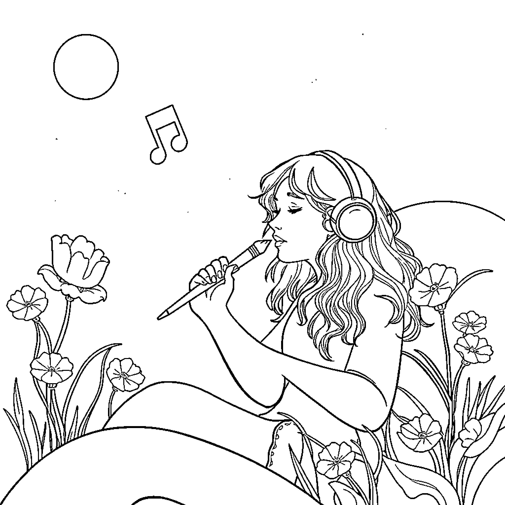 Music performance in nature's embrace Coloring Page (free black-and-white line drawing printable PDF for all, from beginners to advanced learners, including children, teens, adults, and seniors)