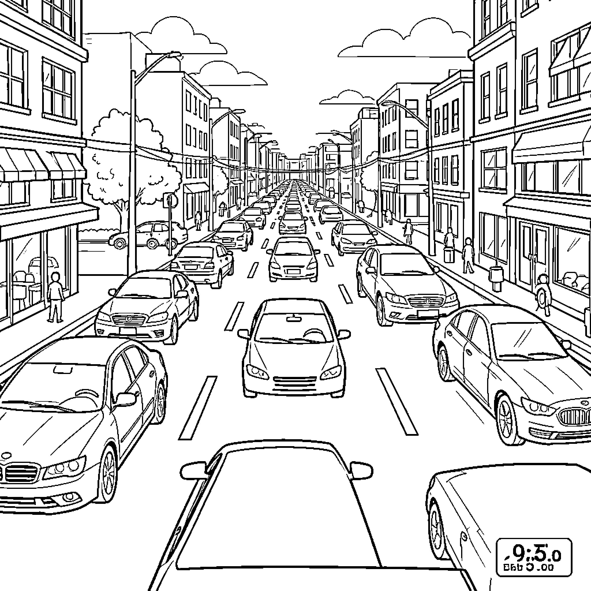 Car driving through busy city street traffic Coloring Page (free black-and-white line drawing printable PDF for all, from beginners to advanced learners, including children, teens, adults, and seniors)