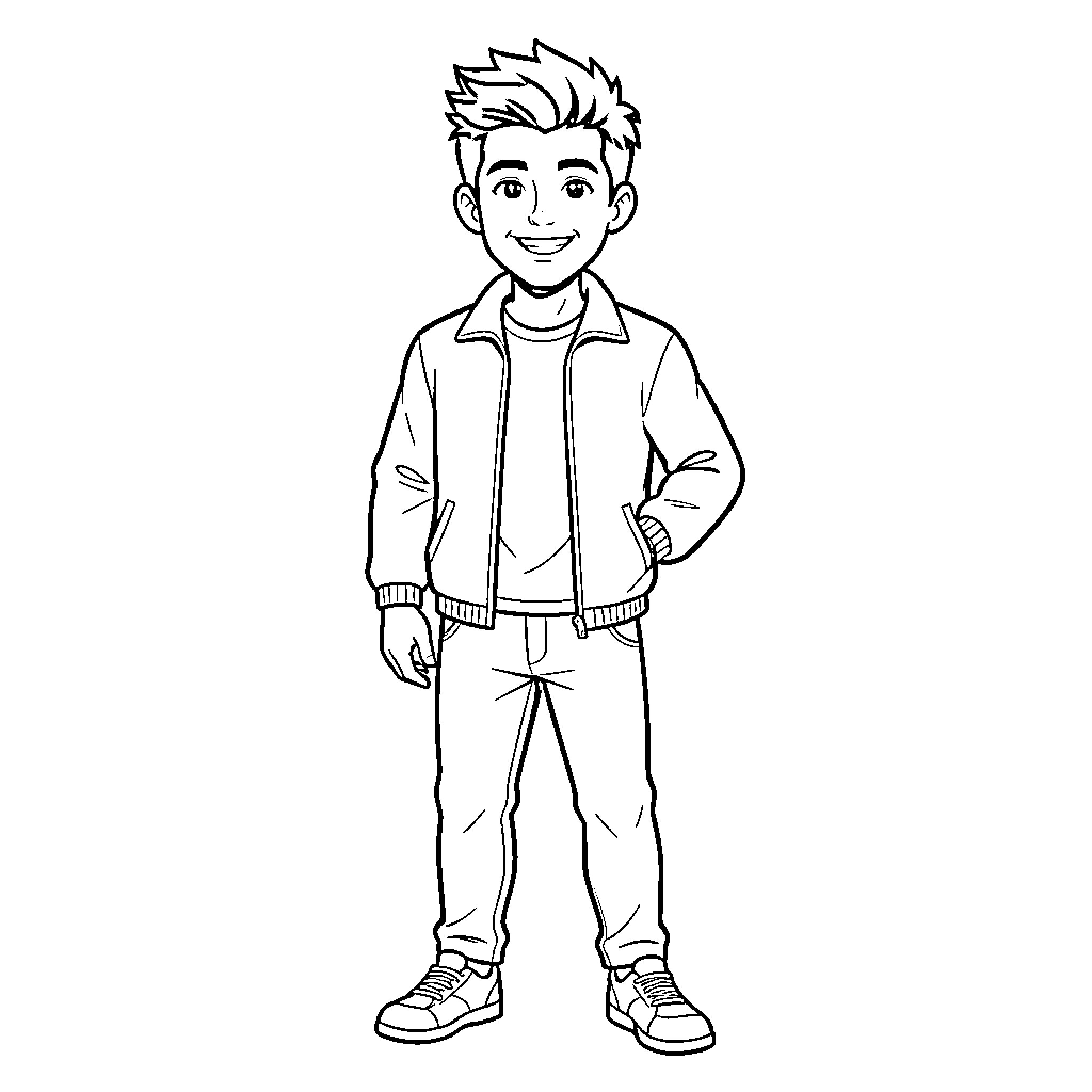 Jaxson standing confidently wearing a jacket and jeans Coloring Page (free black-and-white line drawing printable PDF for all, from beginners to advanced learners, including children, teens, adults, and seniors)