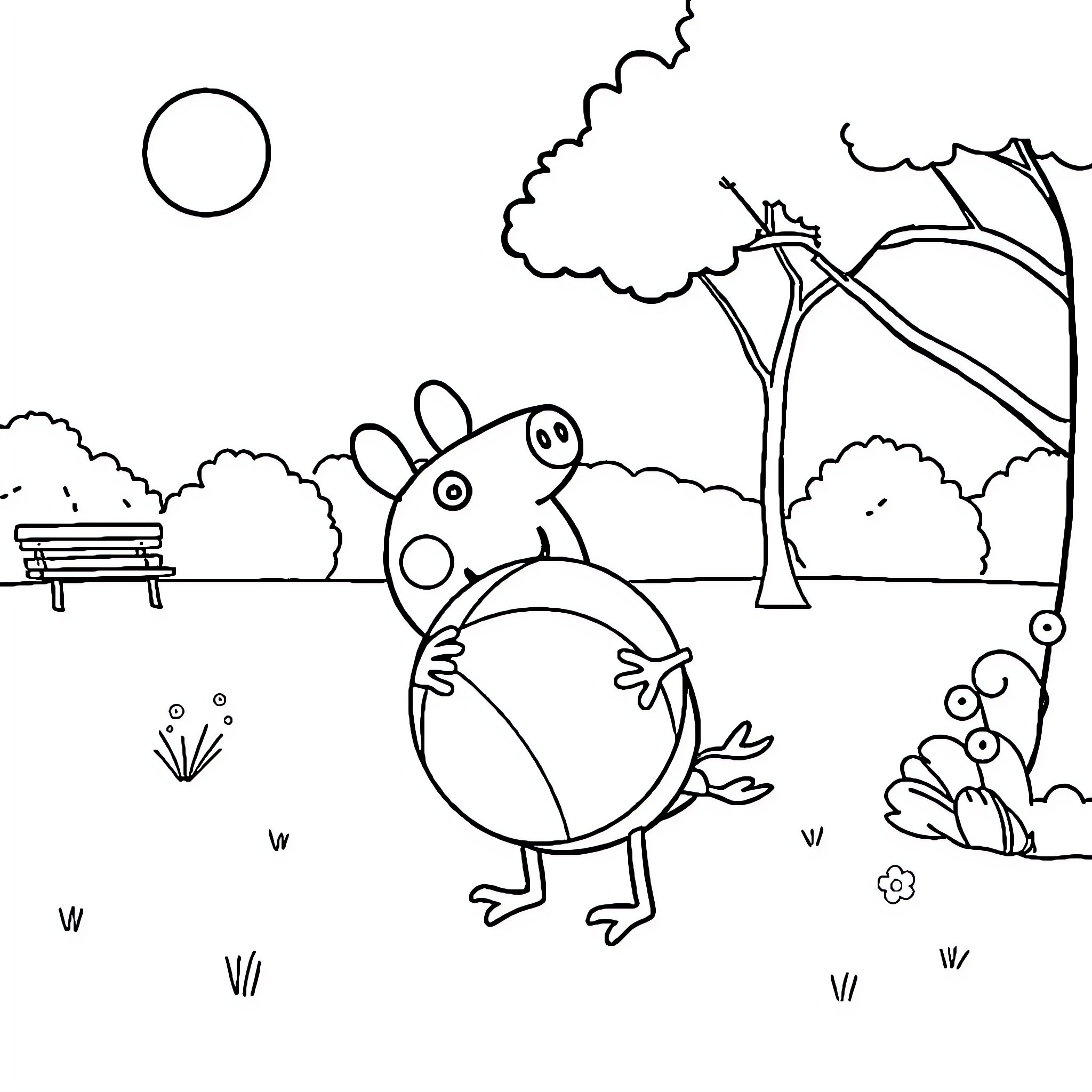 Peppa Pigeon exploring the park happily Coloring Page (free black-and-white line drawing printable PDF for all, from beginners to advanced learners, including children, teens, adults, and seniors)