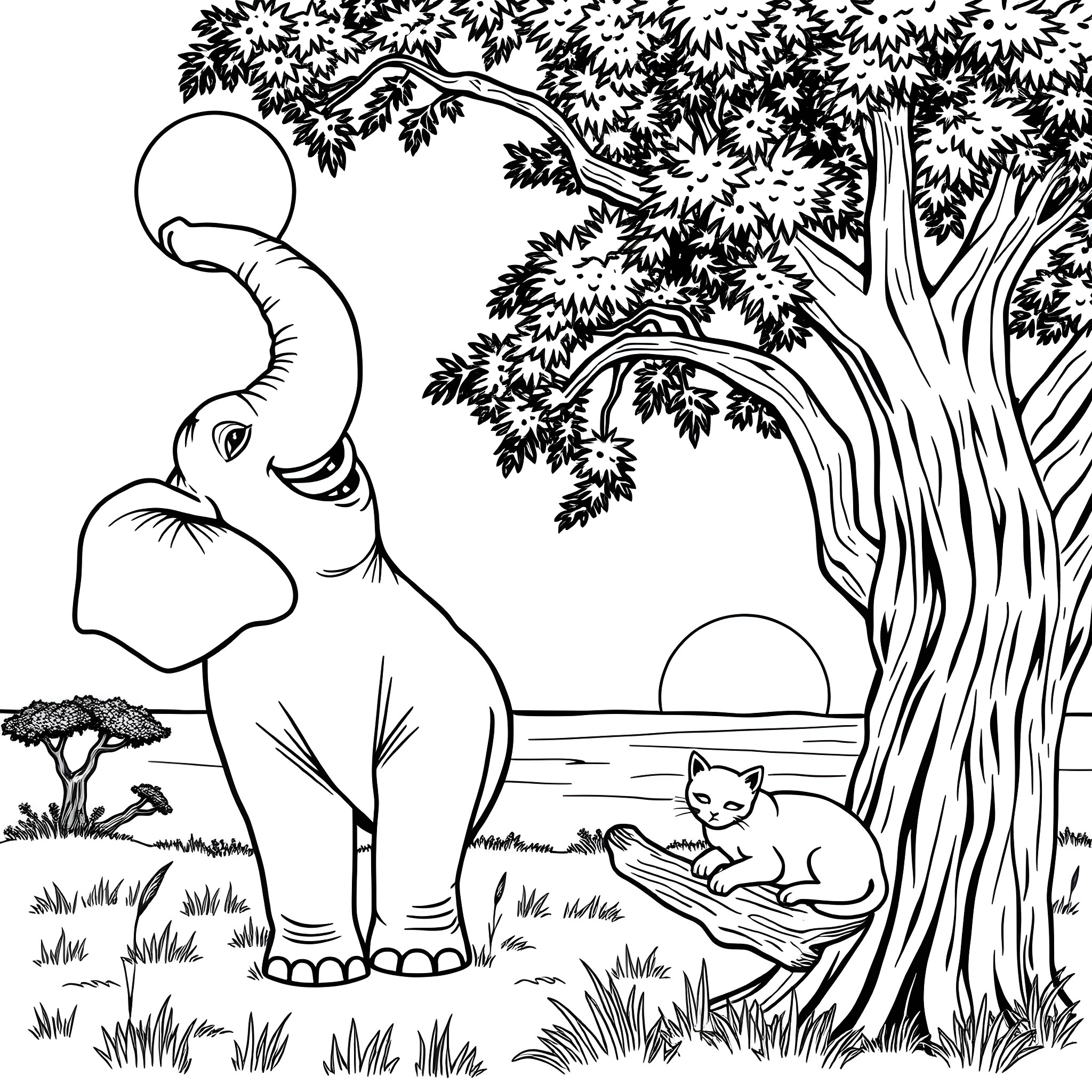 Elephant enjoying nature with a cat Coloring Page (free black-and-white line drawing printable PDF for all, from beginners to advanced learners, including children, teens, adults, and seniors)