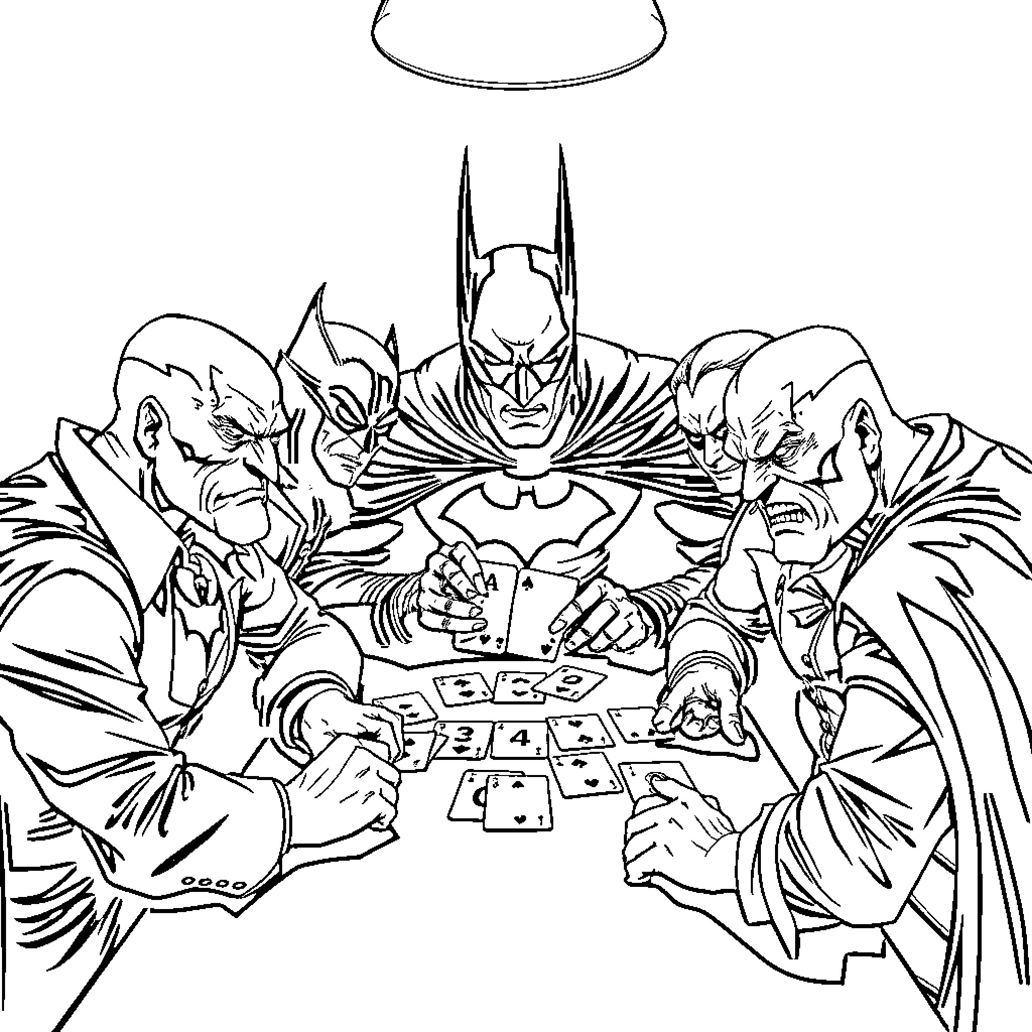 Batman Villain Playing Cards with Henchmen Coloring Page (free black-and-white line drawing printable PDF for all, from beginners to advanced learners, including children, teens, adults, and seniors)