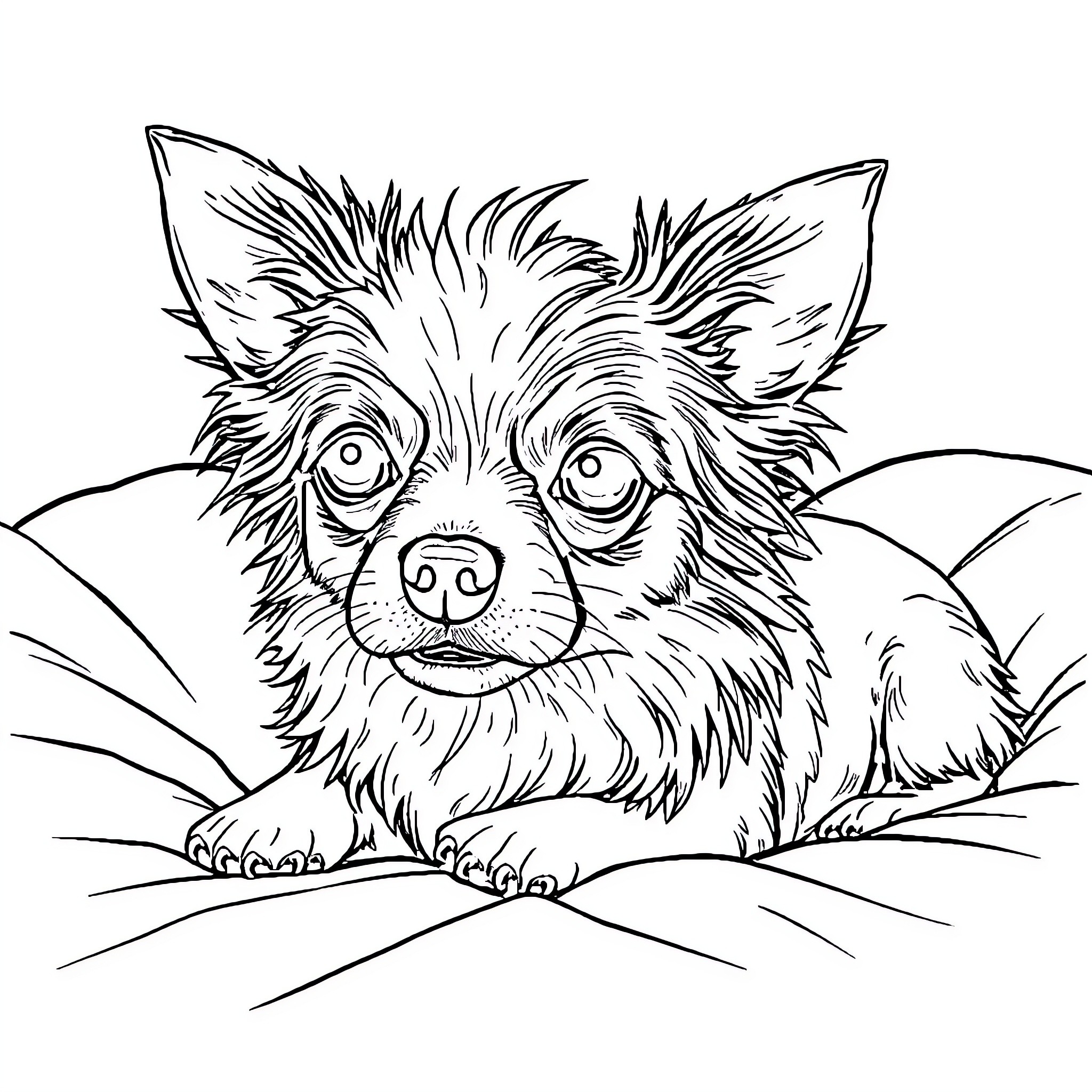 Chihuahua gazing curiously in the grass Coloring Page (free black-and-white line drawing printable PDF for all, from beginners to advanced learners, including children, teens, adults, and seniors)