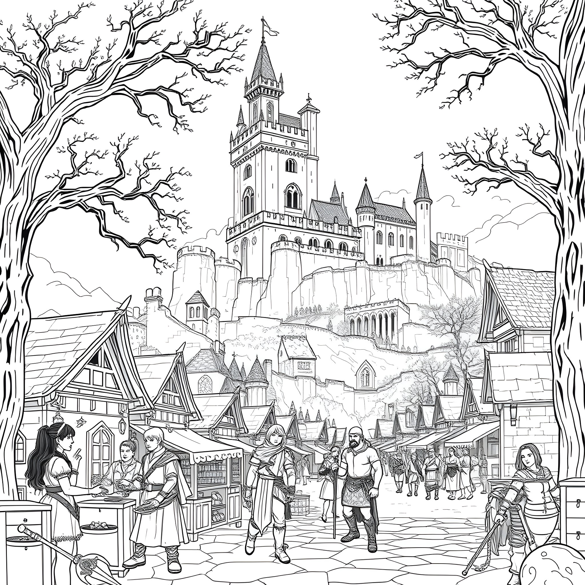 Everquest: Enchanted Castle and Bustling Town Coloring Page (free black-and-white line drawing printable PDF for all, from beginners to advanced learners, including children, teens, adults, and seniors)