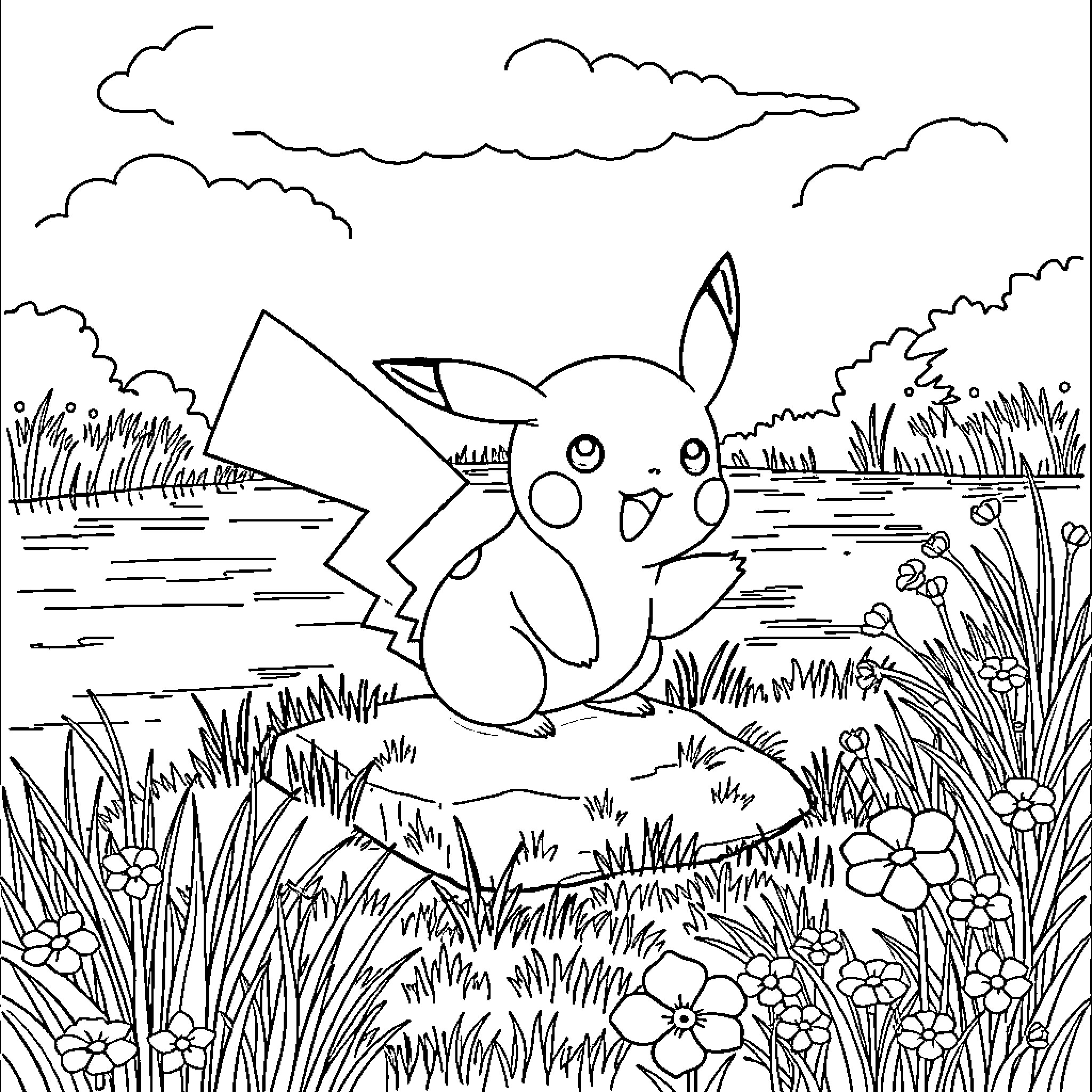 Pikachu exploring a scenic outdoor landscape Coloring Page (free black-and-white line drawing printable PDF for all, from beginners to advanced learners, including children, teens, adults, and seniors)