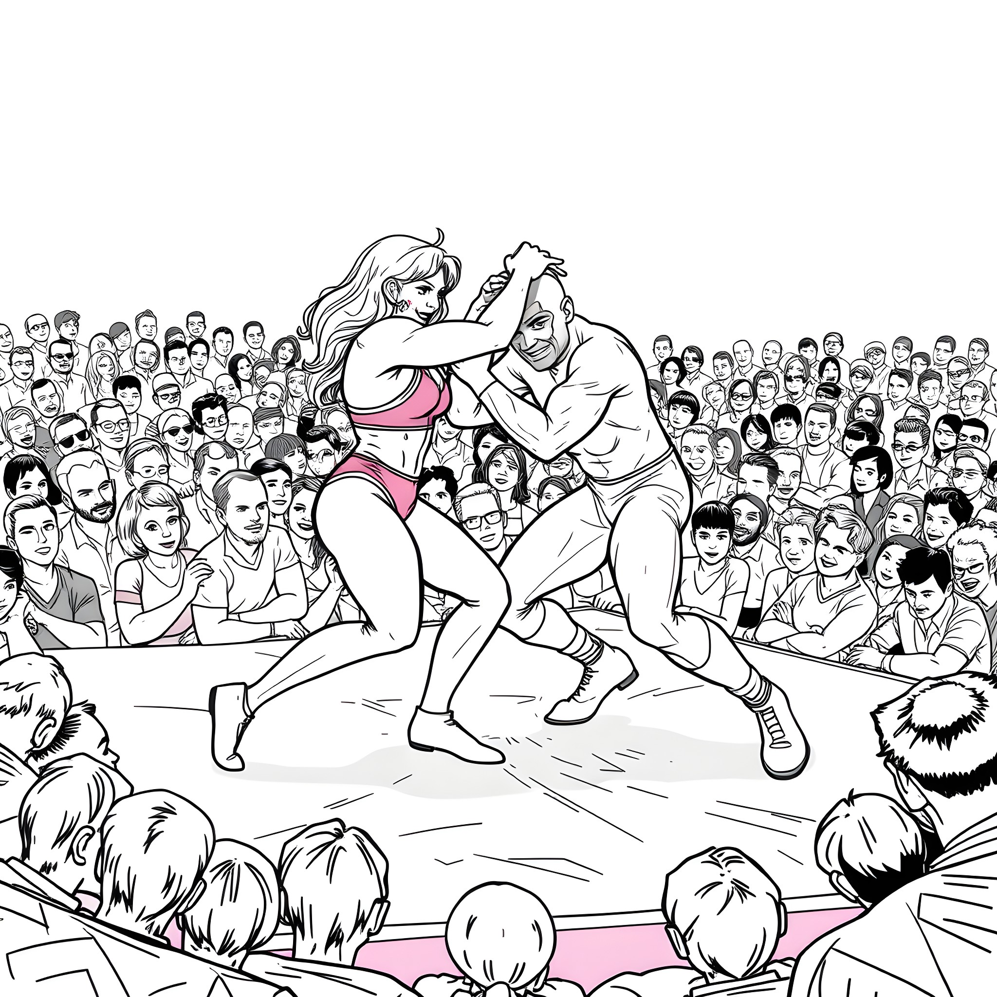 April O'Neil wrestling match in the ring Coloring Page (free black-and-white line drawing printable PDF for all, from beginners to advanced learners, including children, teens, adults, and seniors)
