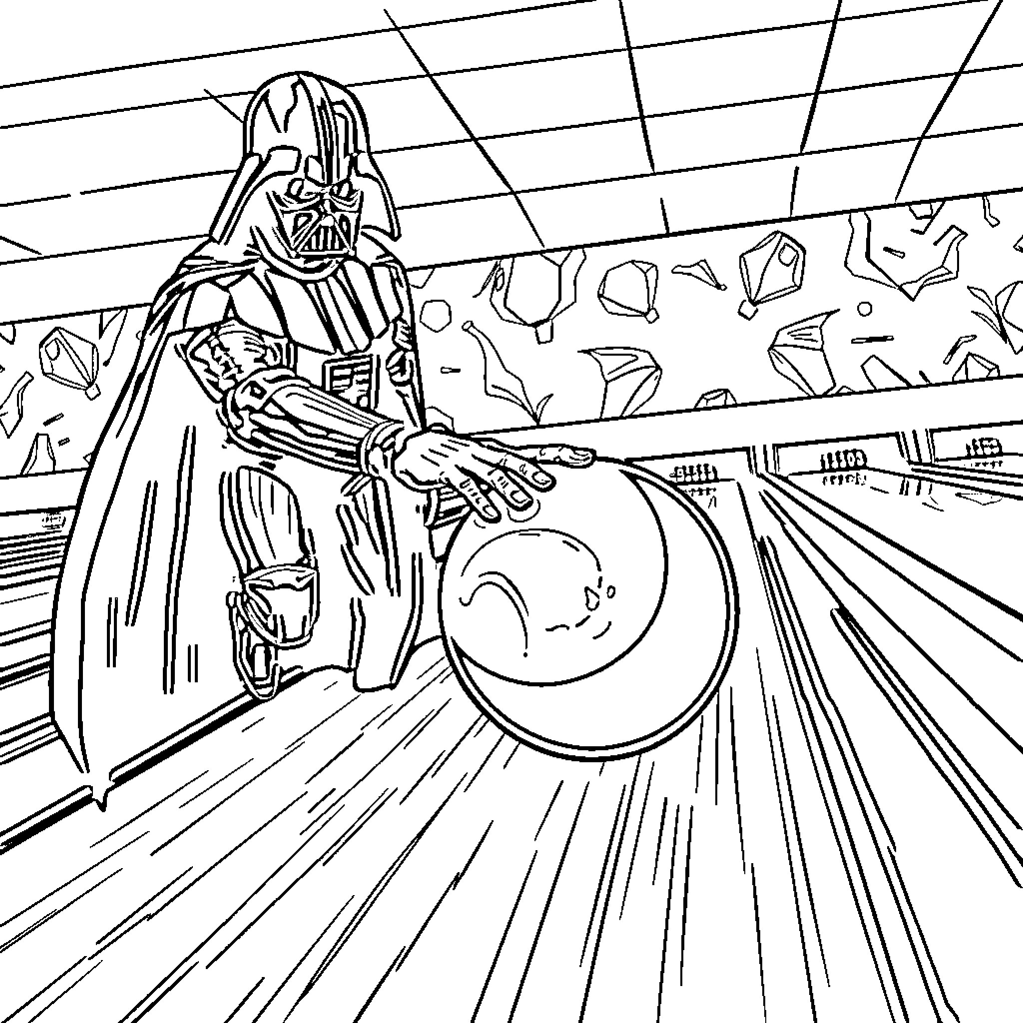 Darth Vader's Intimidating Presence in the Deathstar Coloring Page (free black-and-white line drawing printable PDF for all, from beginners to advanced learners, including children, teens, adults, and seniors)