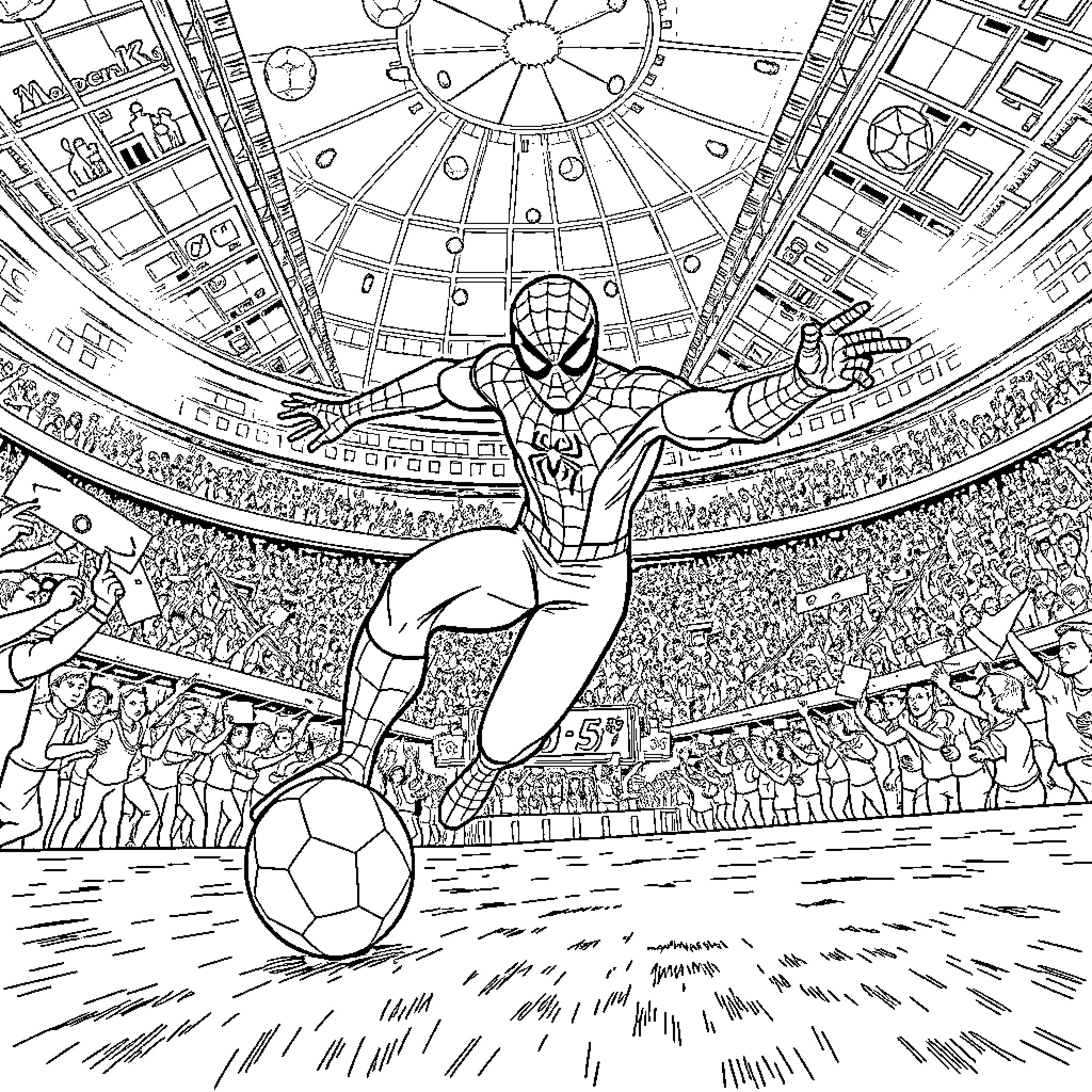 Spiderman leaps into action in the stadium Coloring Page (free black-and-white line drawing printable PDF for all, from beginners to advanced learners, including children, teens, adults, and seniors)