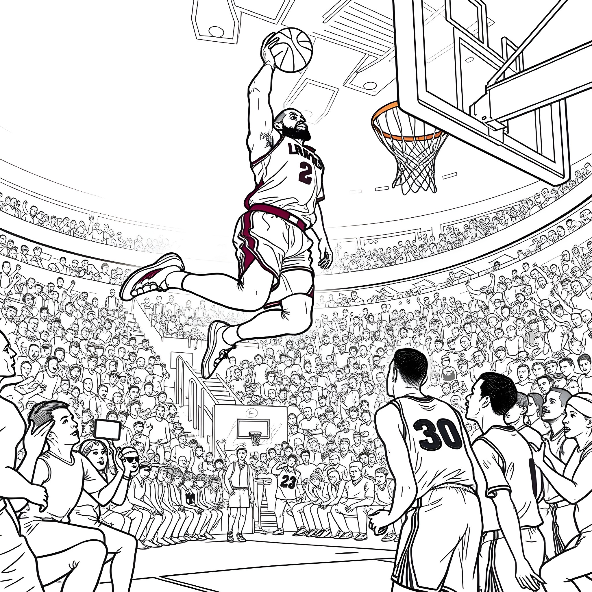 LeBron James dunking the basketball in a crowded arena Coloring Page (free black-and-white line drawing printable PDF for all, from beginners to advanced learners, including children, teens, adults, and seniors)