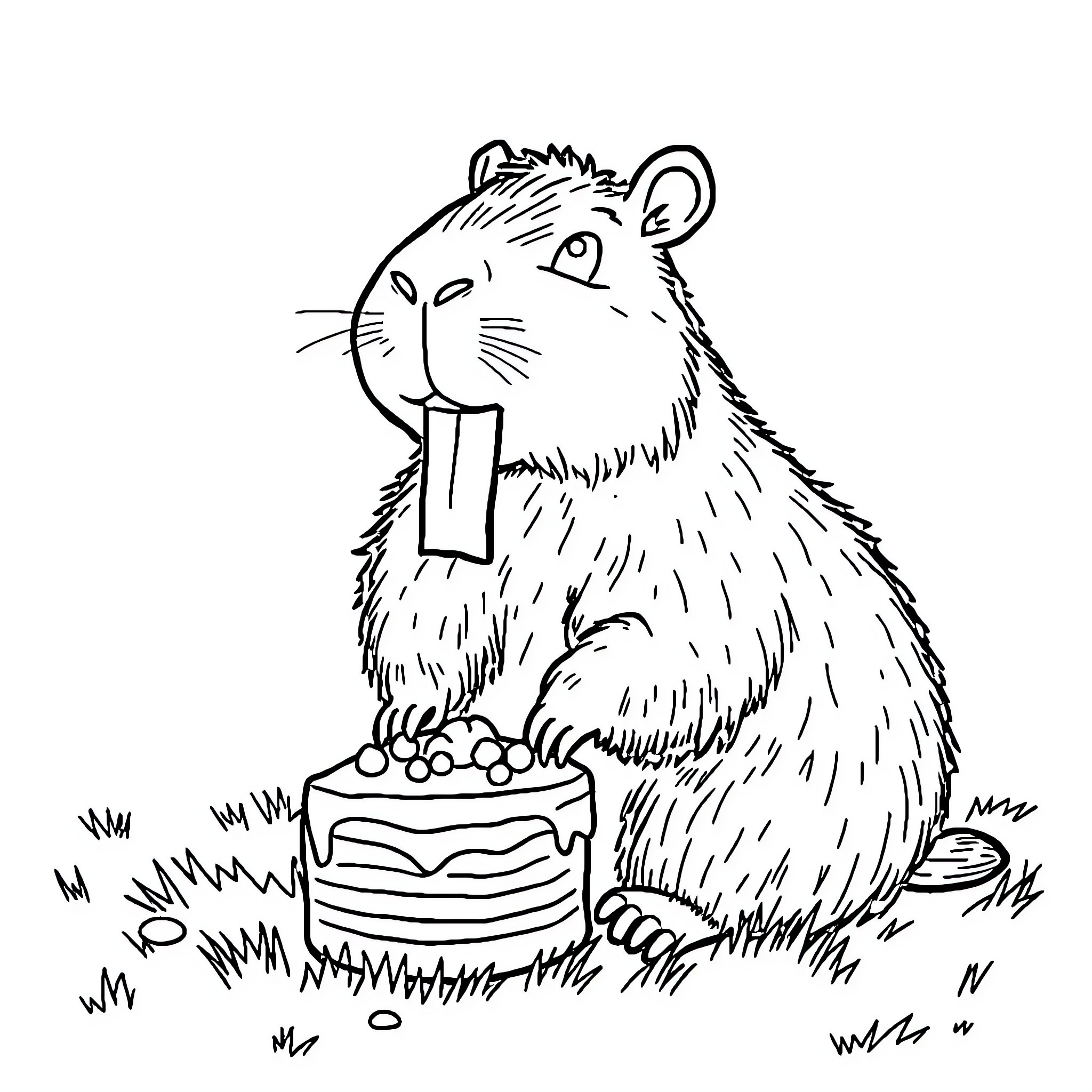 Capybara celebrating with cake in the field Coloring Page (free black-and-white line drawing printable PDF for all, from beginners to advanced learners, including children, teens, adults, and seniors)