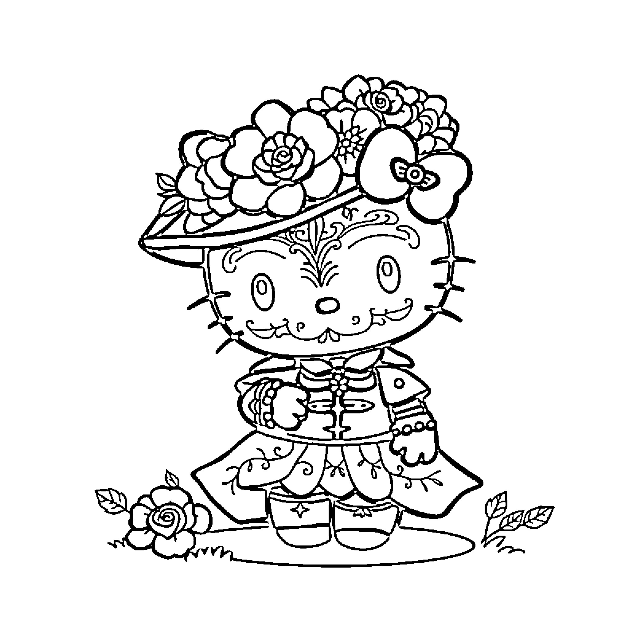 Hello Kitty Wearing a Floral Hat and Dress Coloring Page (free black-and-white line drawing printable PDF for all, from beginners to advanced learners, including children, teens, adults, and seniors)
