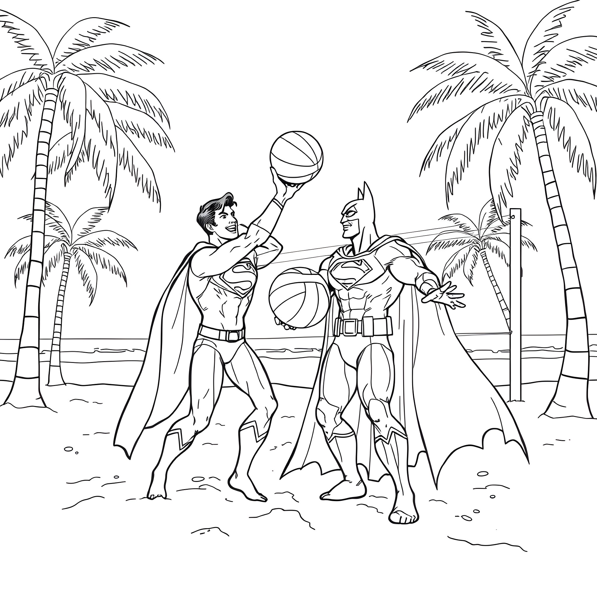 Superman and hero playing beach volleyball Coloring Page (free black-and-white line drawing printable PDF for all, from beginners to advanced learners, including children, teens, adults, and seniors)