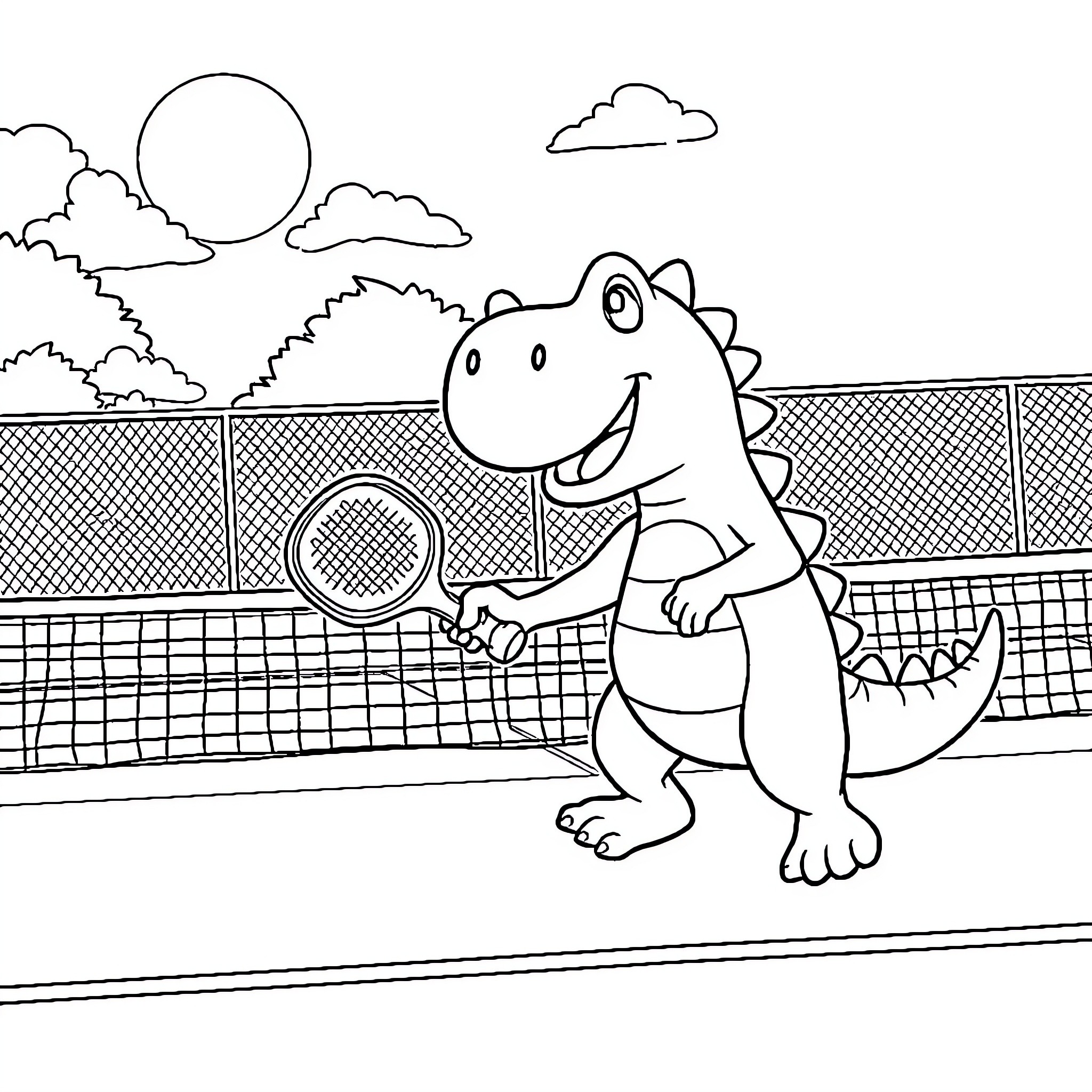 Yoshi Playing Tennis in the Park Coloring Page (free black-and-white line drawing printable PDF for all, from beginners to advanced learners, including children, teens, adults, and seniors)