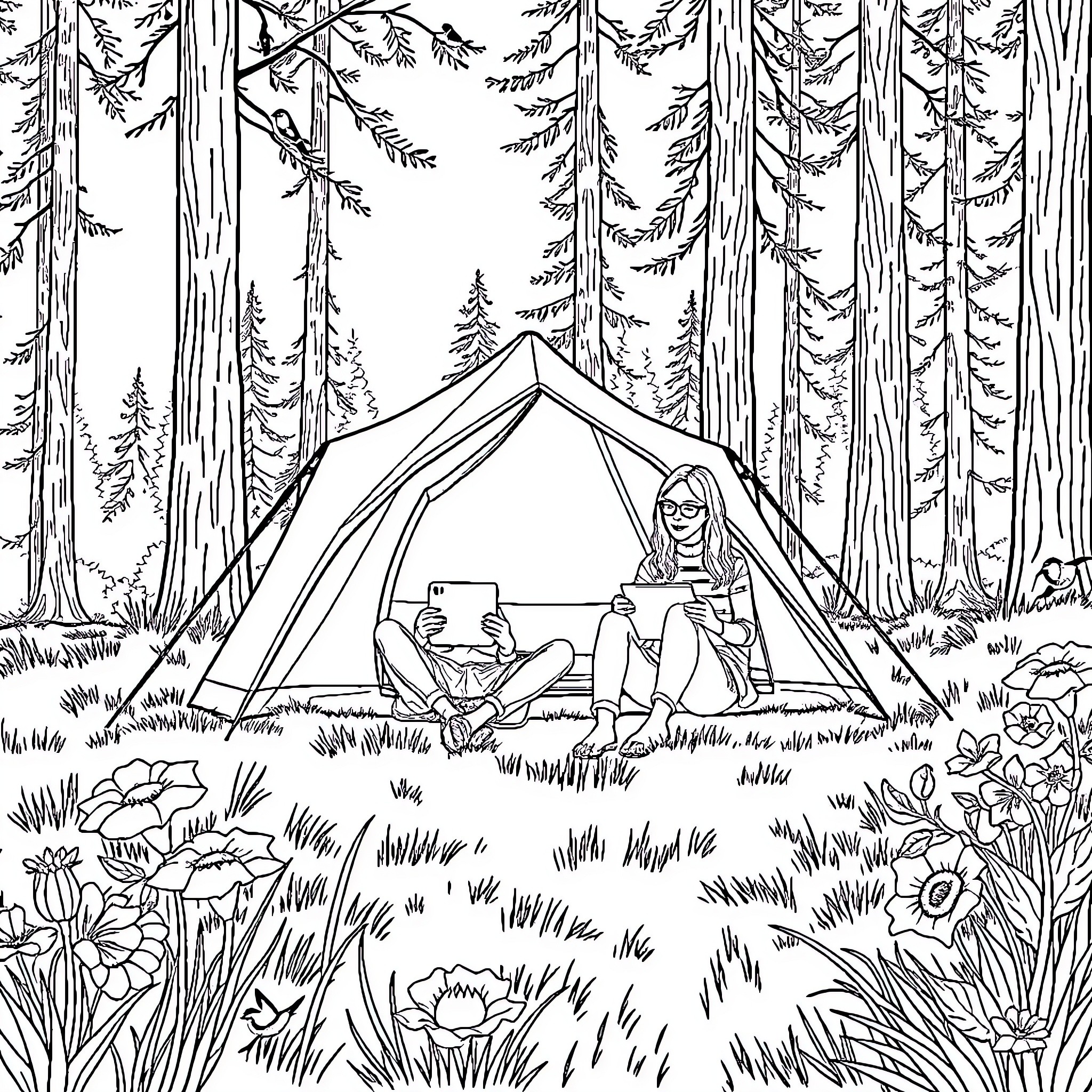 Couple enjoying camping in the forest Coloring Page (free black-and-white line drawing printable PDF for all, from beginners to advanced learners, including children, teens, adults, and seniors)