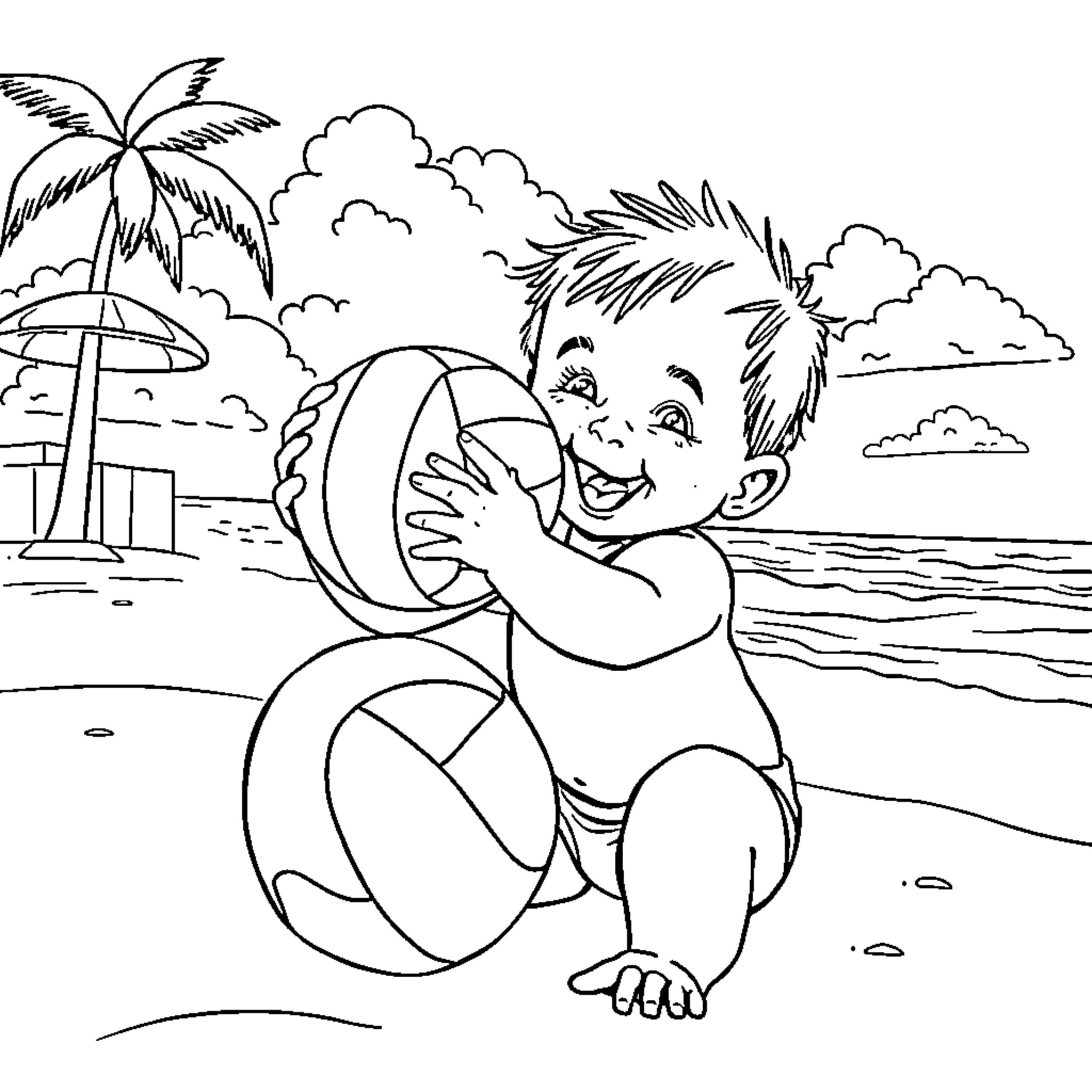 Baby playing happily with beach ball on the shore Coloring Page (free black-and-white line drawing printable PDF for all, from beginners to advanced learners, including children, teens, adults, and seniors)