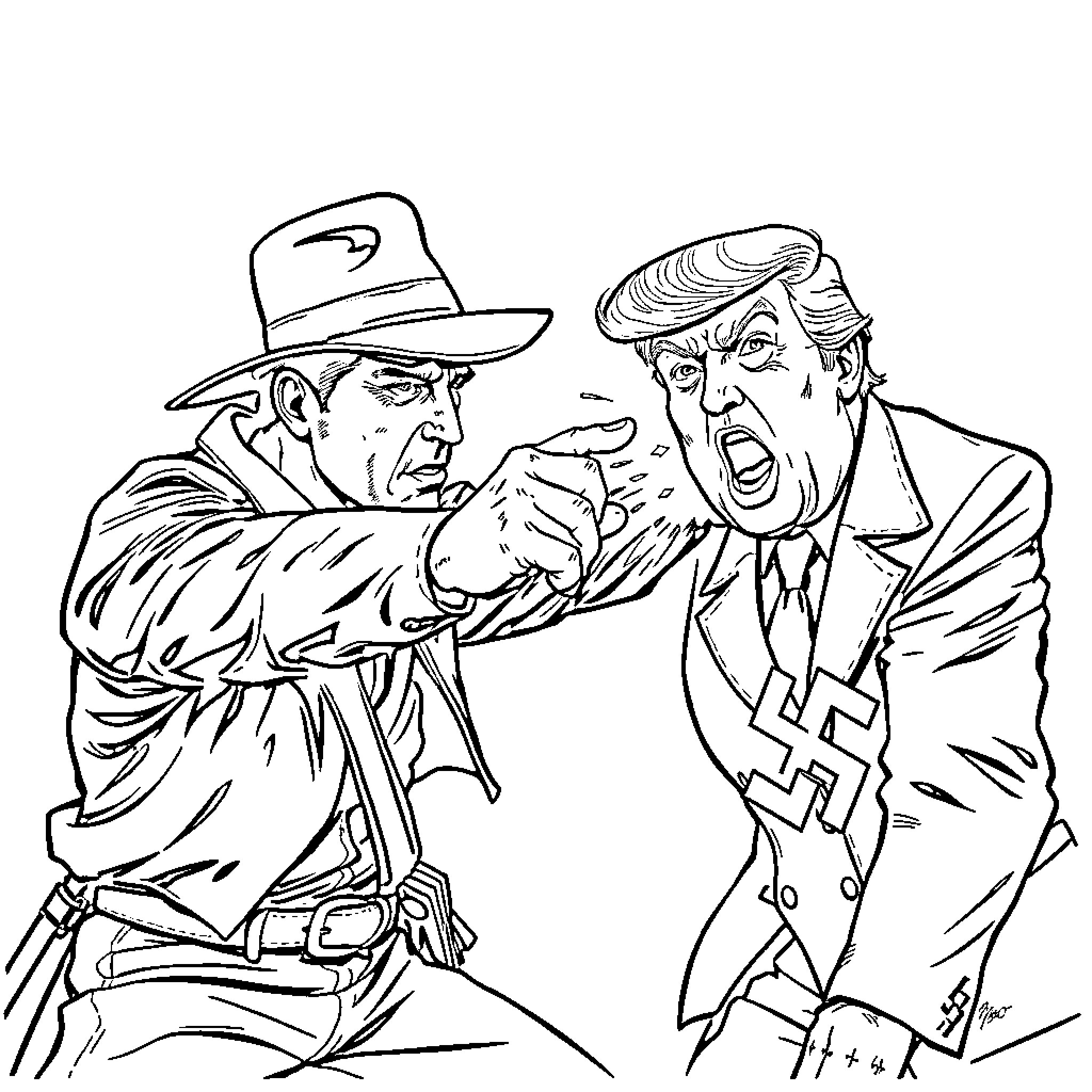 Indiana Jones facing off against Nazi villain Coloring Page (free black-and-white line drawing printable PDF for all, from beginners to advanced learners, including children, teens, adults, and seniors)