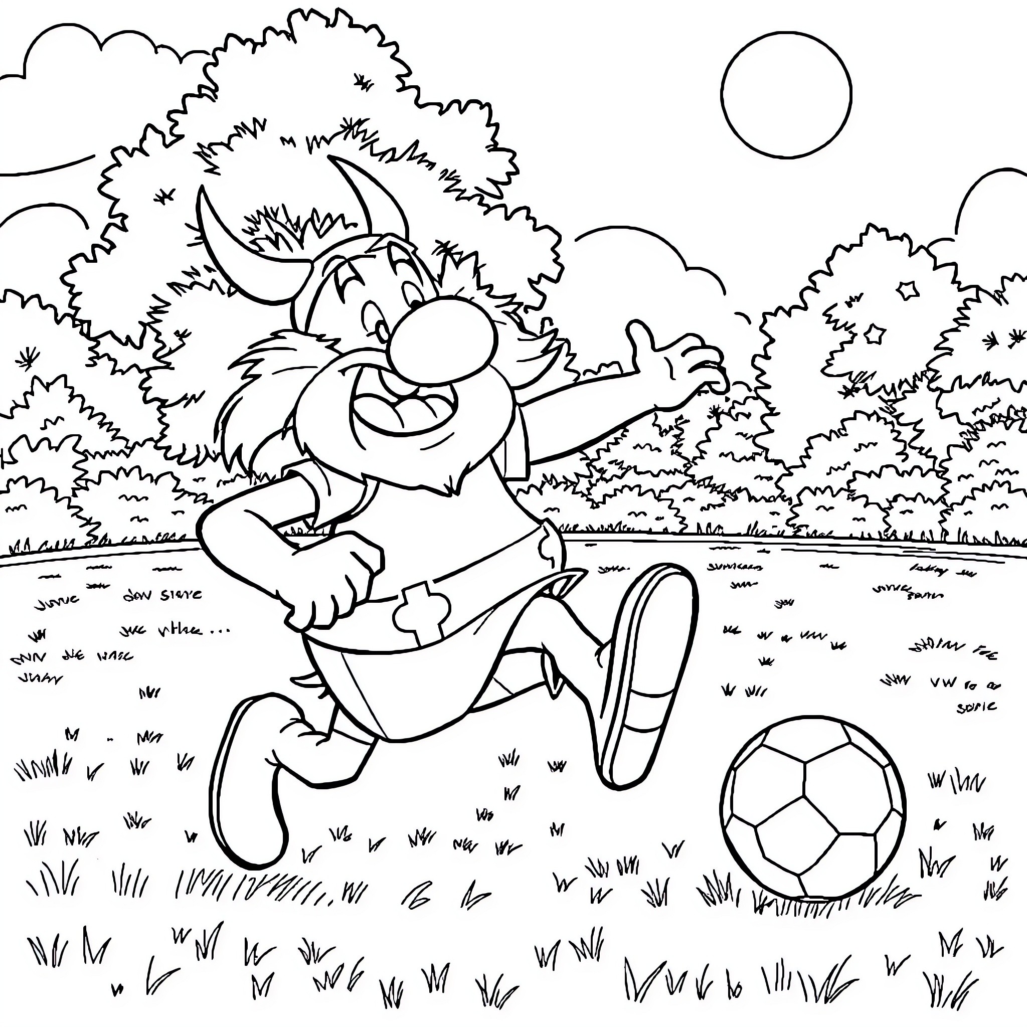 Asterix playing with a soccer ball in the park Coloring Page (free black-and-white line drawing printable PDF for all, from beginners to advanced learners, including children, teens, adults, and seniors)