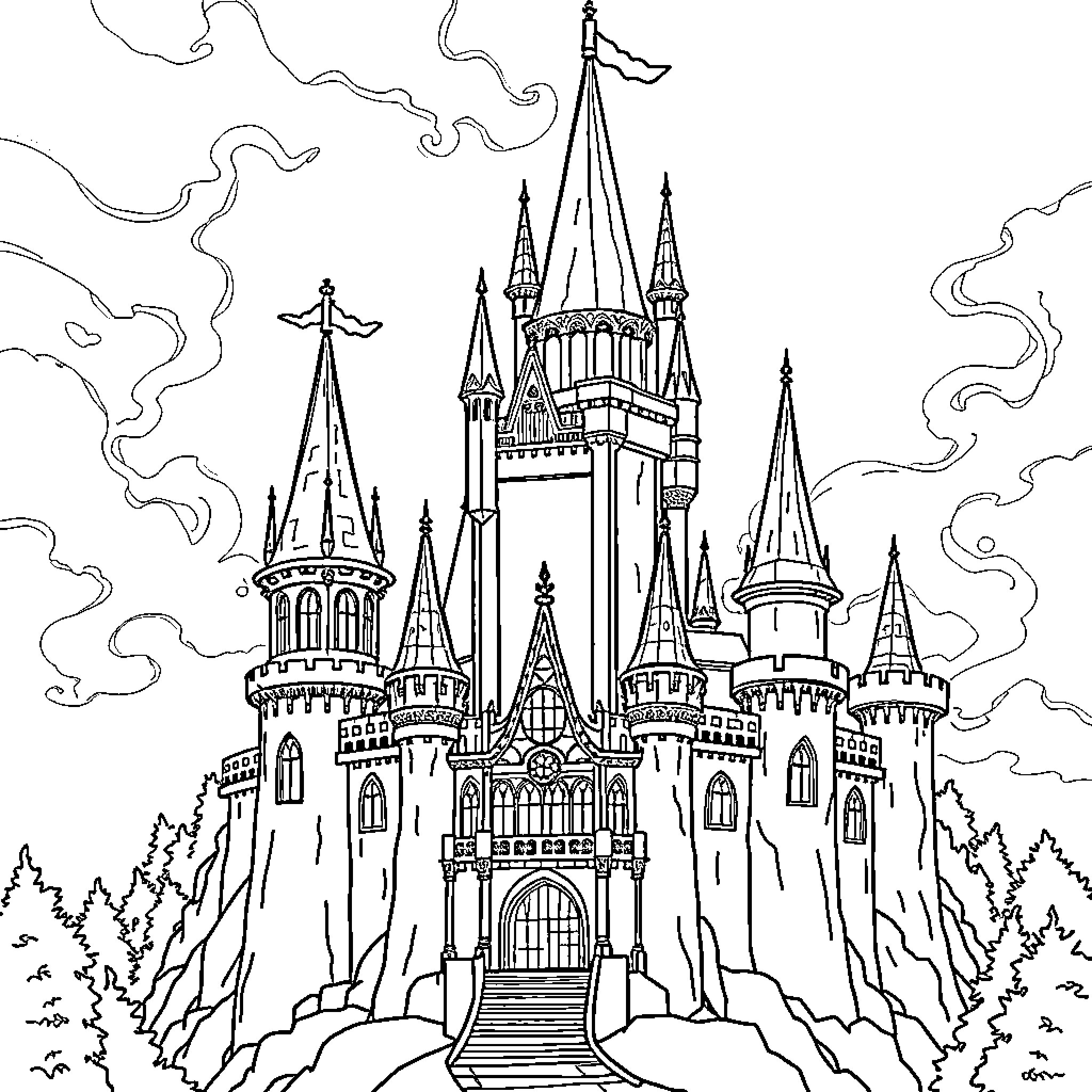 Castle of grand towers and spires Coloring Page (free black-and-white line drawing printable PDF for all, from beginners to advanced learners, including children, teens, adults, and seniors)