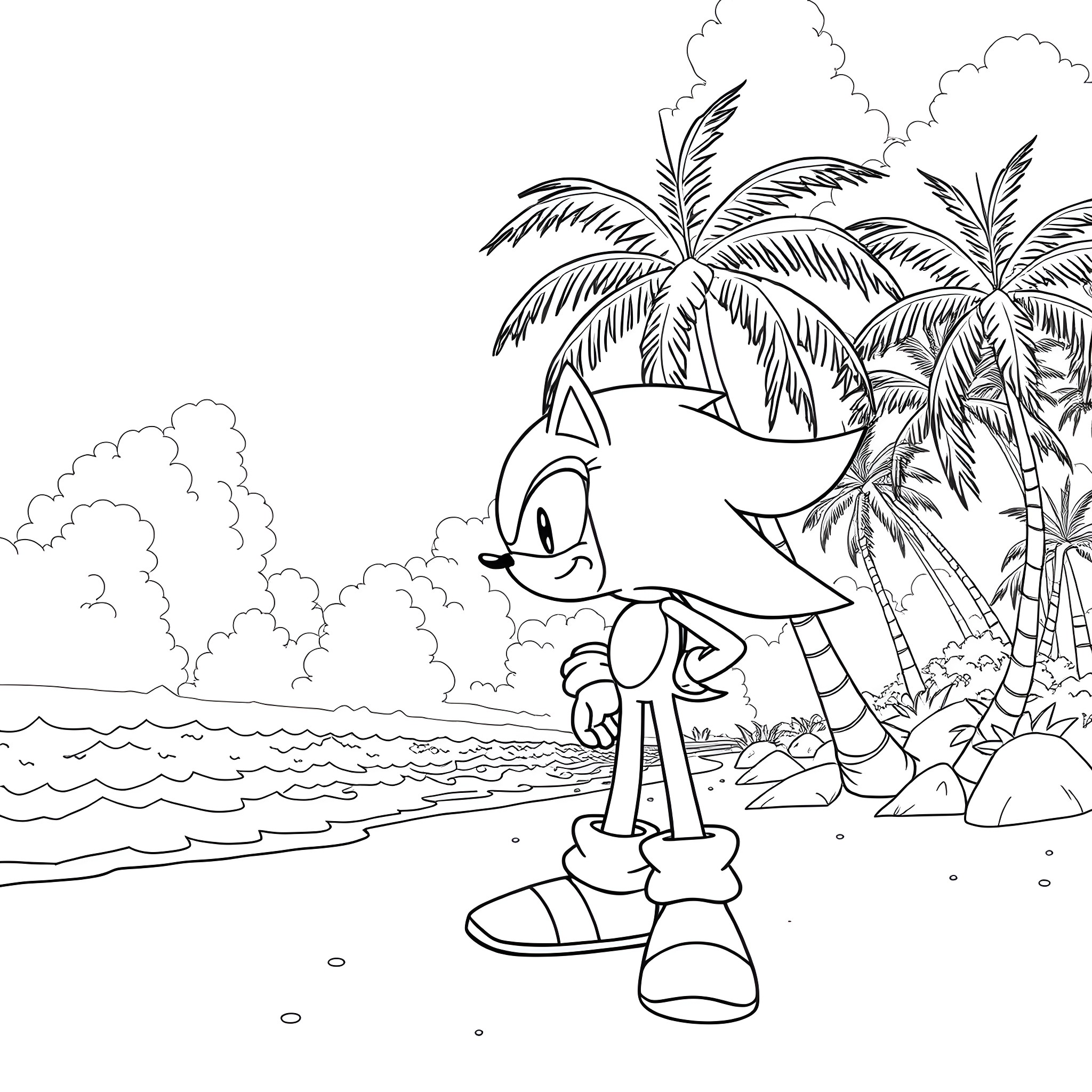 Sonic the Hedgehog exploring a tropical beach scene Coloring Page (free black-and-white line drawing printable PDF for all, from beginners to advanced learners, including children, teens, adults, and seniors)