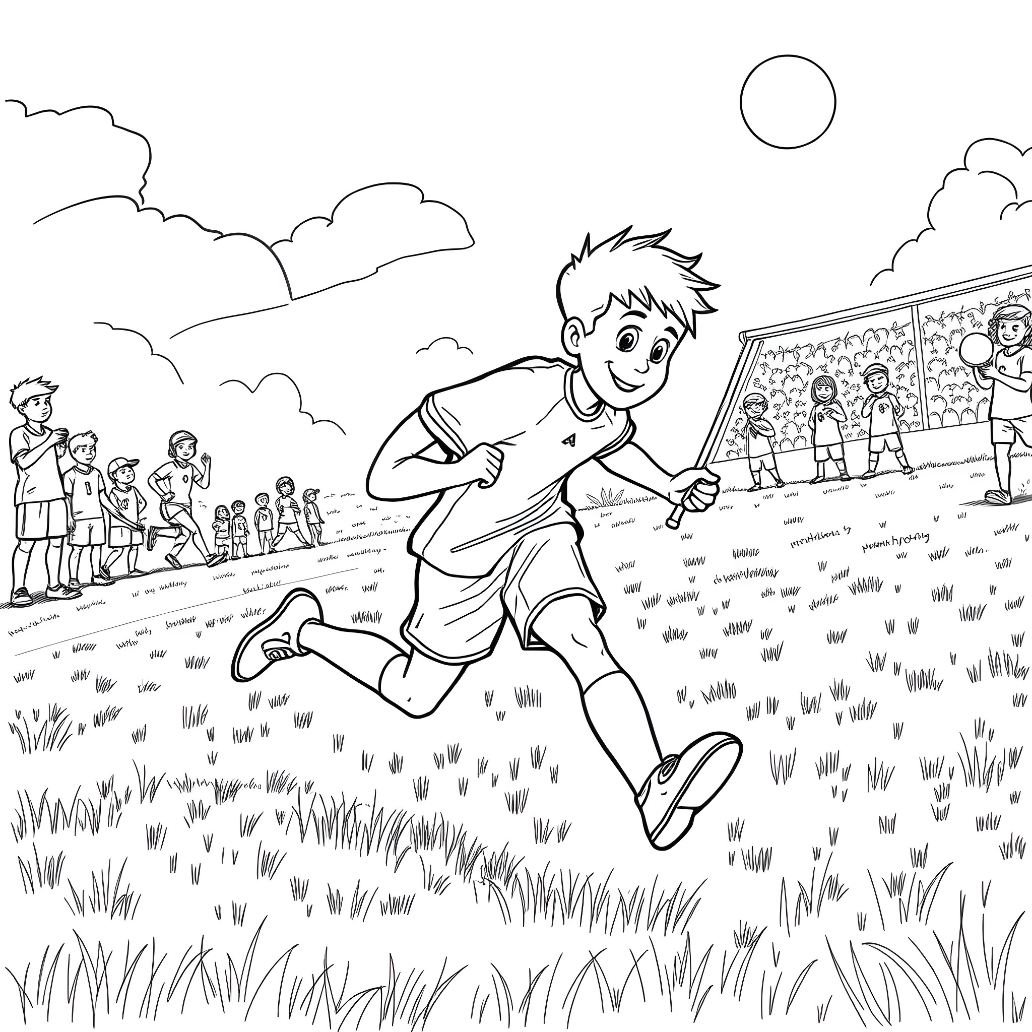 Jed racing across the field with enthusiasm Coloring Page (free black-and-white line drawing printable PDF for all, from beginners to advanced learners, including children, teens, adults, and seniors)