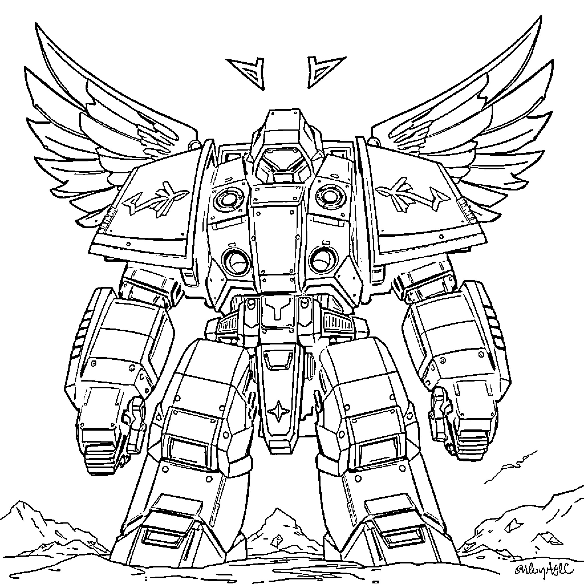 Dreadnought mech warrior in combat-ready pose Coloring Page (free black-and-white line drawing printable PDF for all, from beginners to advanced learners, including children, teens, adults, and seniors)