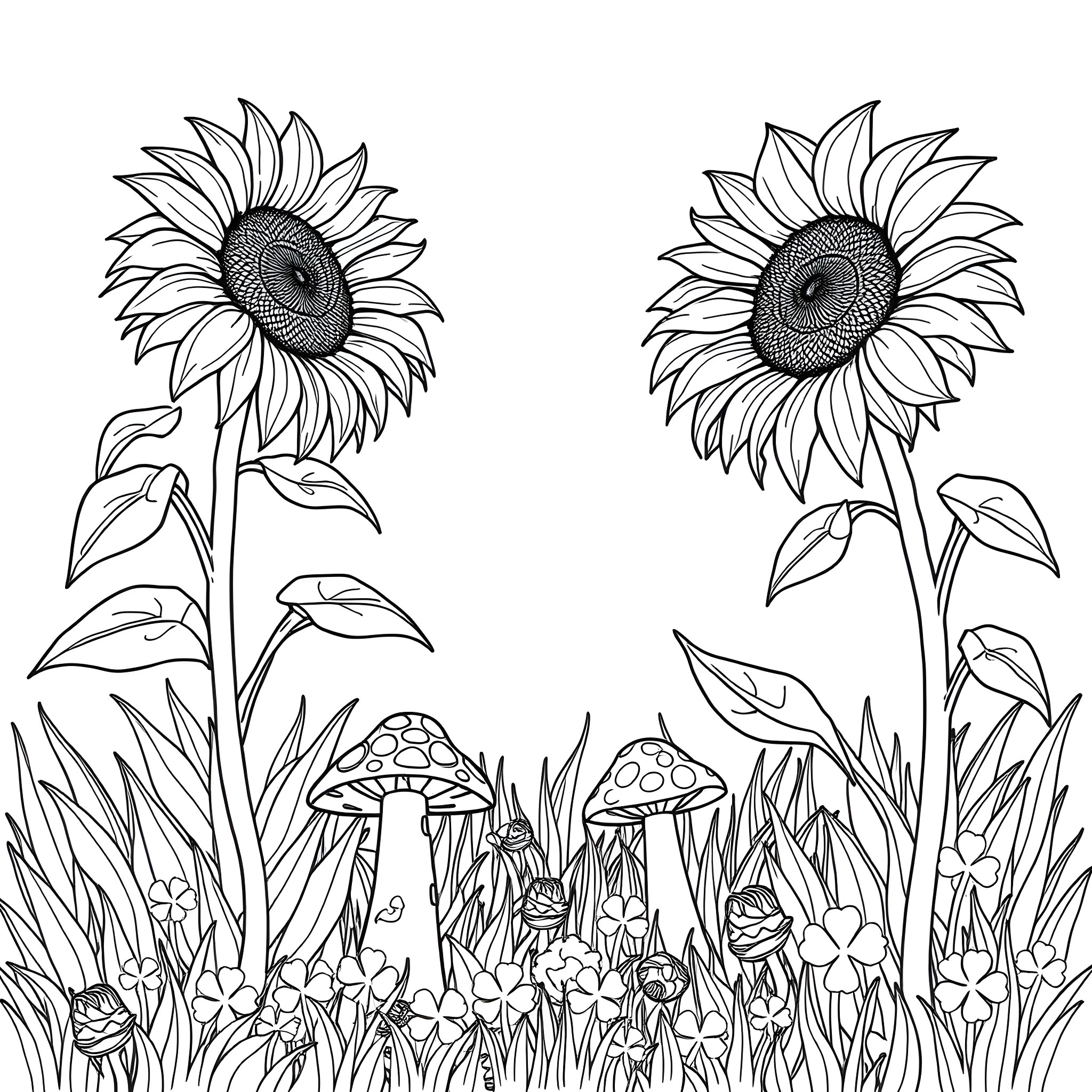 Sunflowers blooming in a meadow Coloring Page (free black-and-white line drawing printable PDF for all, from beginners to advanced learners, including children, teens, adults, and seniors)
