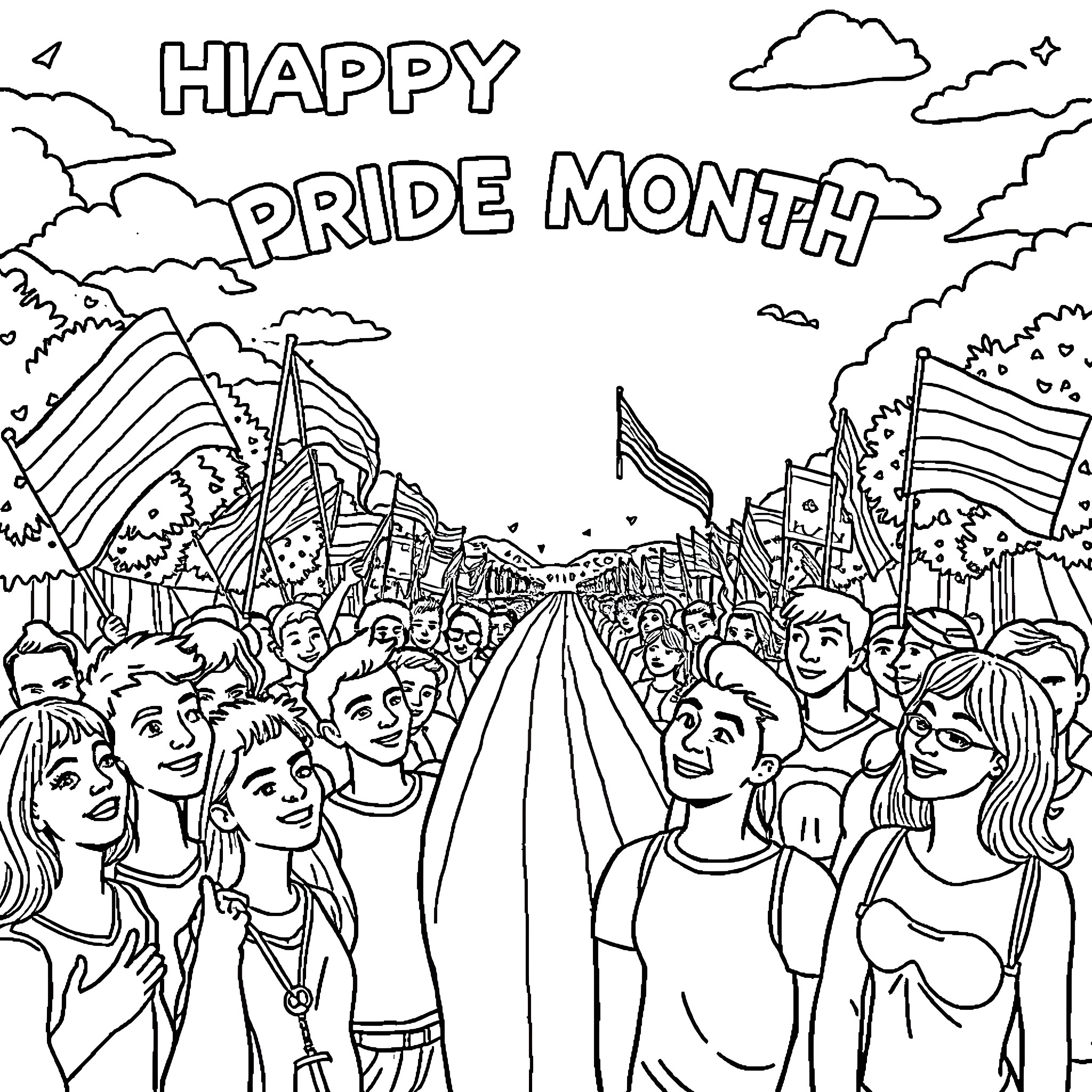 Pride celebration with diverse participants and festive decor Coloring Page (free black-and-white line drawing printable PDF for all, from beginners to advanced learners, including children, teens, adults, and seniors)