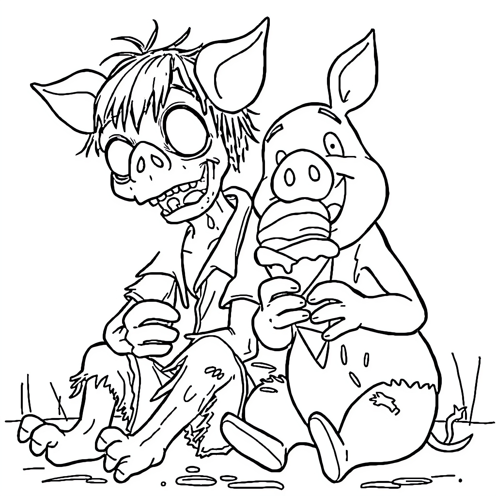 Pig friends in silly situation Coloring Page (free black-and-white line drawing printable PDF for all, from beginners to advanced learners, including children, teens, adults, and seniors)