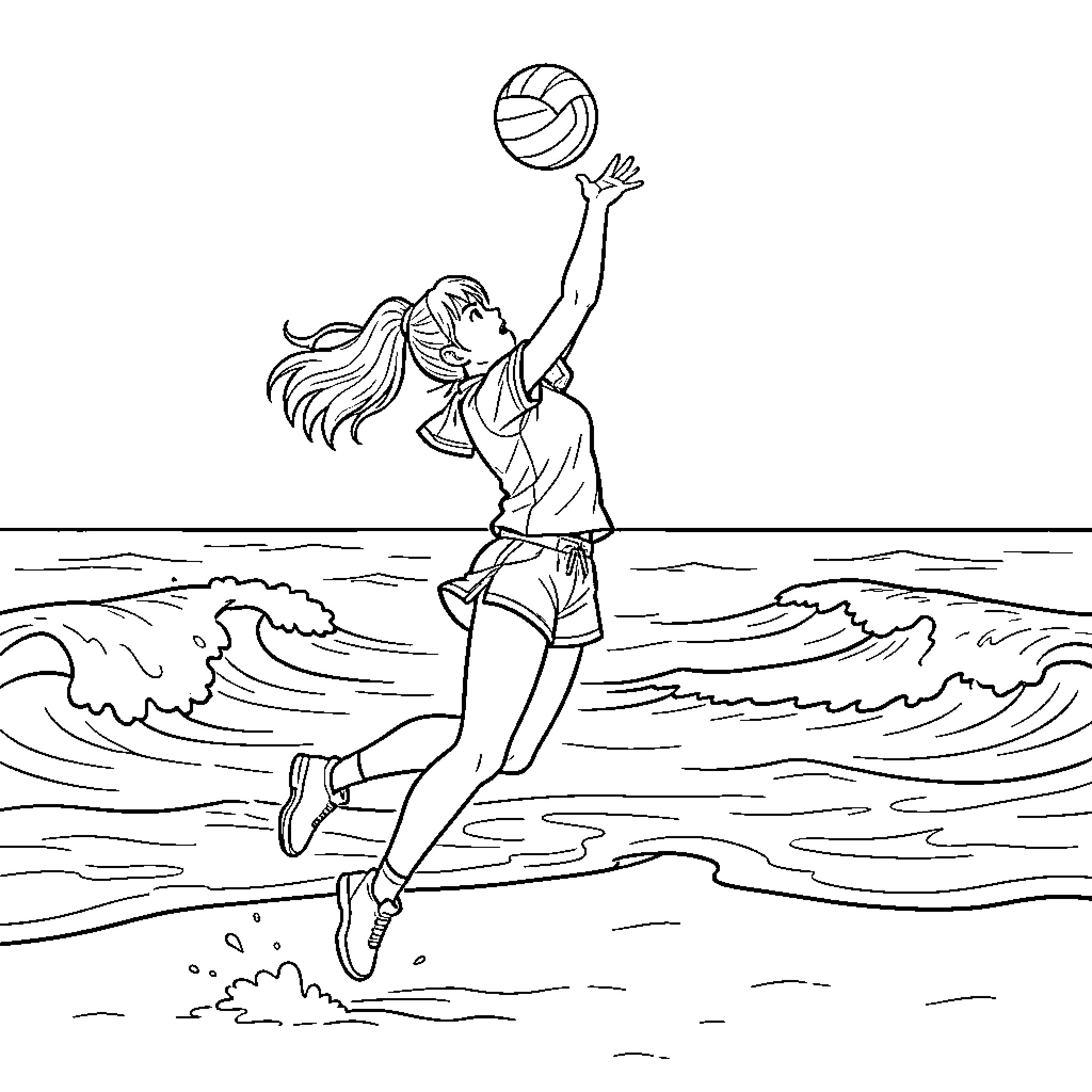 Hinata Shoyo jumping to hit a volleyball at the beach Coloring Page (free black-and-white line drawing printable PDF for all, from beginners to advanced learners, including children, teens, adults, and seniors)