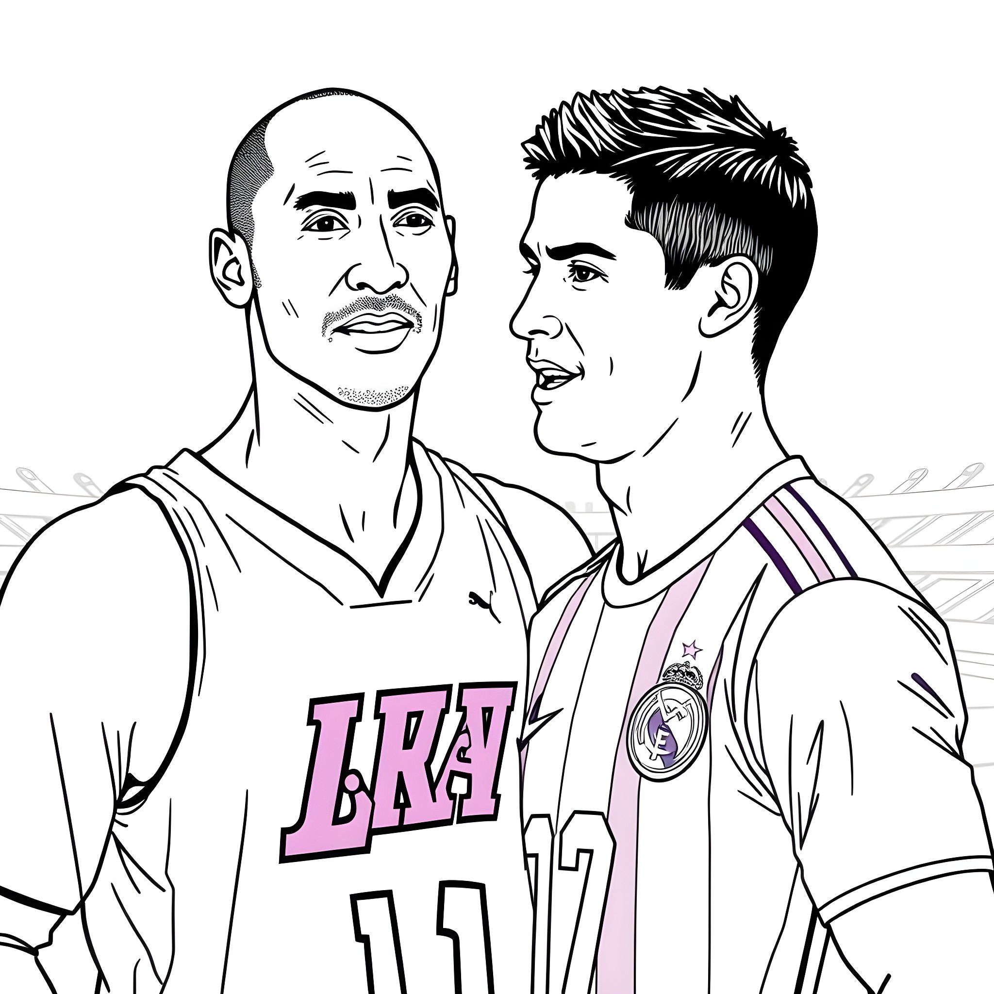 Kobe Bryant and Cristiano Ronaldo in basketball and soccer jerseys Coloring Page (free black-and-white line drawing printable PDF for all, from beginners to advanced learners, including children, teens, adults, and seniors)