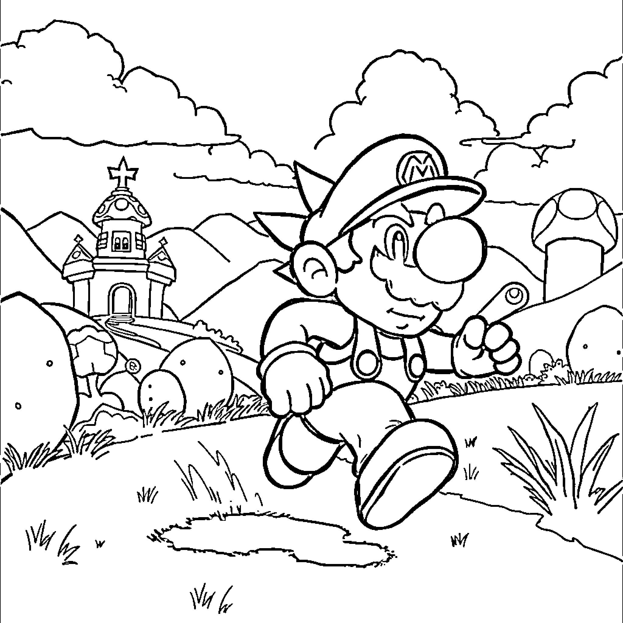 Mario exploring the countryside landscape Coloring Page (free black-and-white line drawing printable PDF for all, from beginners to advanced learners, including children, teens, adults, and seniors)