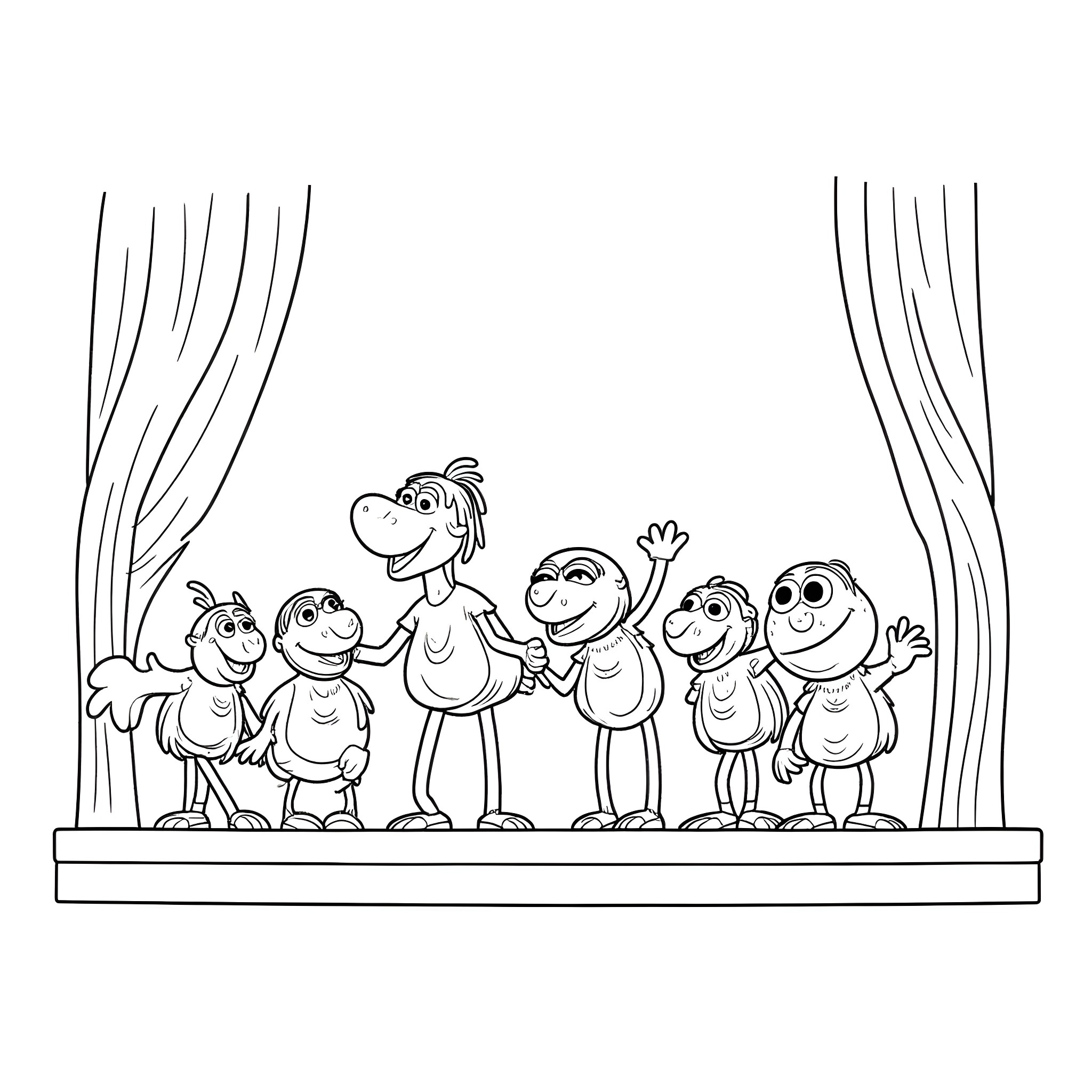 Muppet characters performing on stage Coloring Page (free black-and-white line drawing printable PDF for all, from beginners to advanced learners, including children, teens, adults, and seniors)